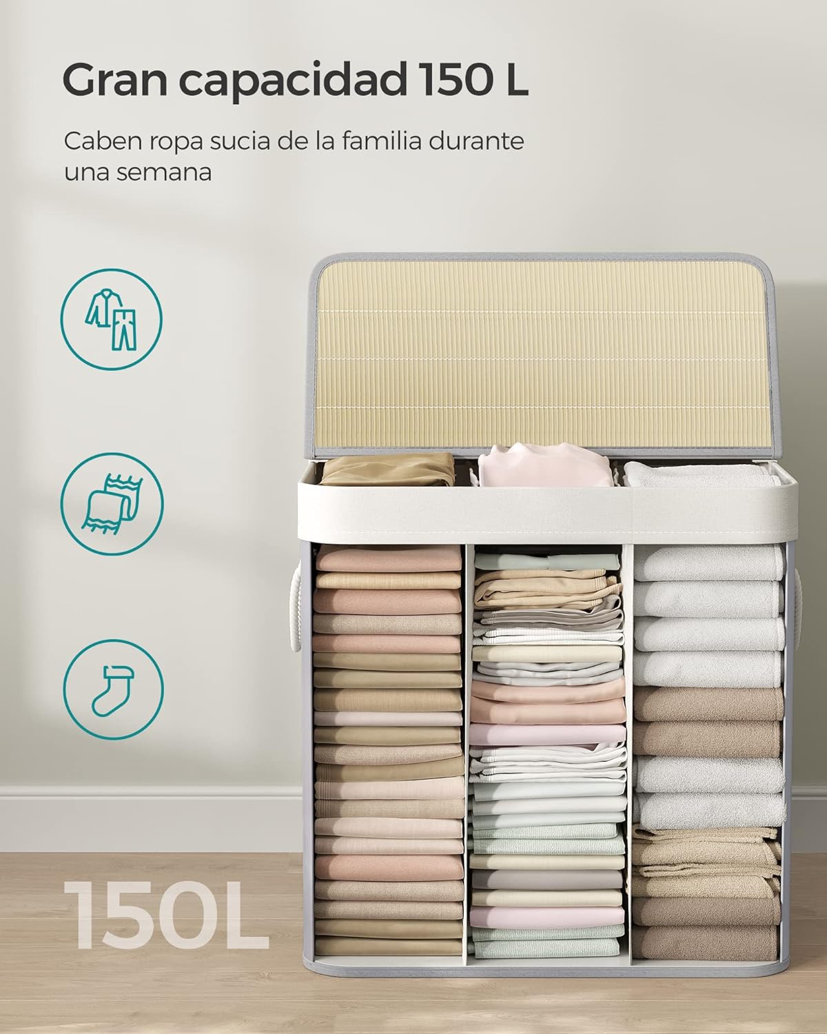 Cesto Ropa Bambu, 150 L, 3 Compartimentos, Cesta Ropa Sucia 3 Clasificaciones, con Tapa, Bambú, Gris, SONGMICS, 3