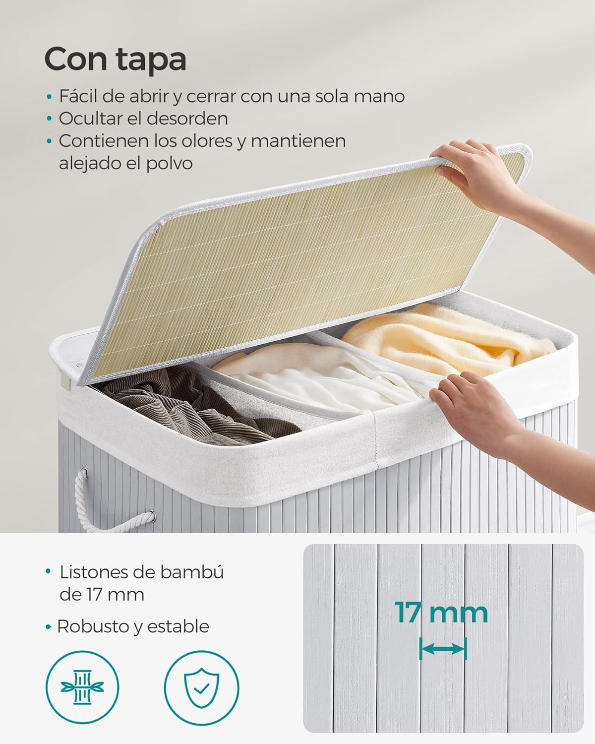 Cesto Ropa Bambu, 150 L, 3 Compartimentos, Cesta Ropa Sucia 3 Clasificaciones, con Tapa, Bambú, Gris, SONGMICS, 4