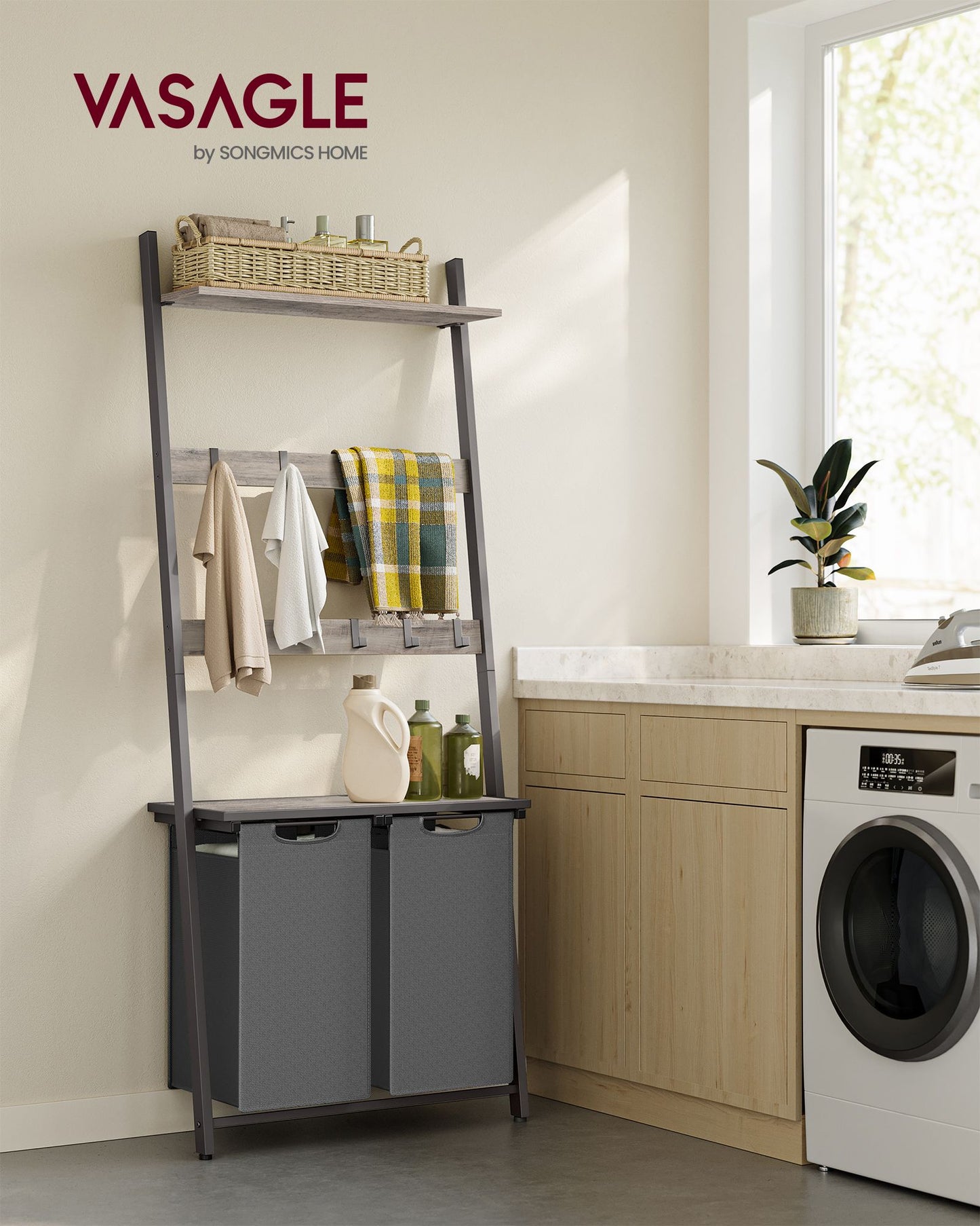 Mueble Cesto Ropa Sucia, 2 x 46L, Mueble Ropa Sucia, Cesto para la colada con escalera para toallas, Greige Brezo y Gris, VASAGLE, 8