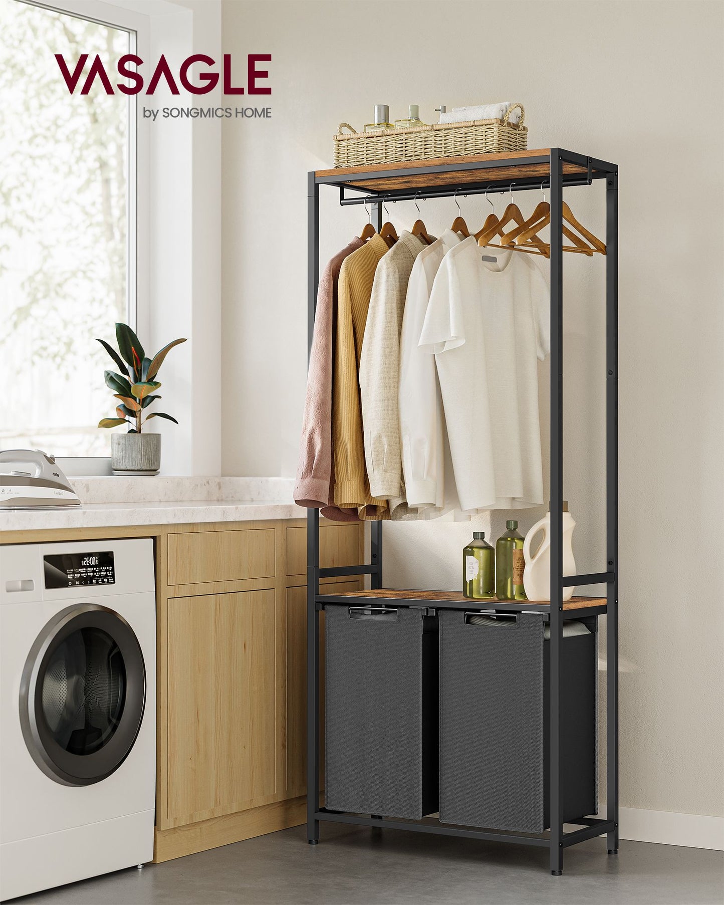 Mueble Cesto Ropa Sucia, 2 x 46 L, Mueble Ropa Sucia, Cesto Colada con 2 Estantes Barra Colgante Marrón y Negro, VASAGLE, 8