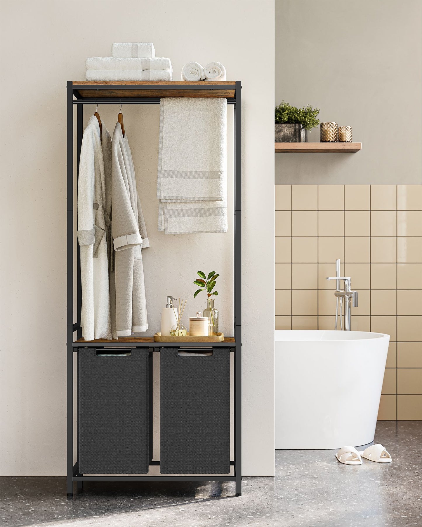 Mueble Cesto Ropa Sucia, 2 x 46 L, Mueble Ropa Sucia, Cesto Colada con 2 Estantes Barra Colgante Marrón y Negro, VASAGLE, 9