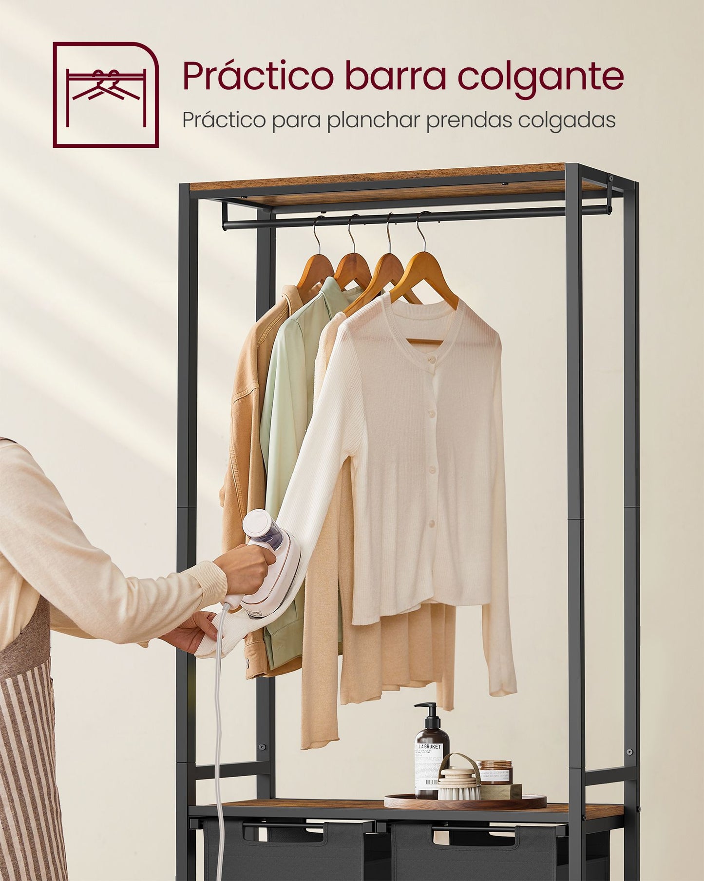 Mueble Cesto Ropa Sucia, 2 x 46 L, Mueble Ropa Sucia, Cesto Colada con 2 Estantes Barra Colgante Marrón y Negro, VASAGLE, 3