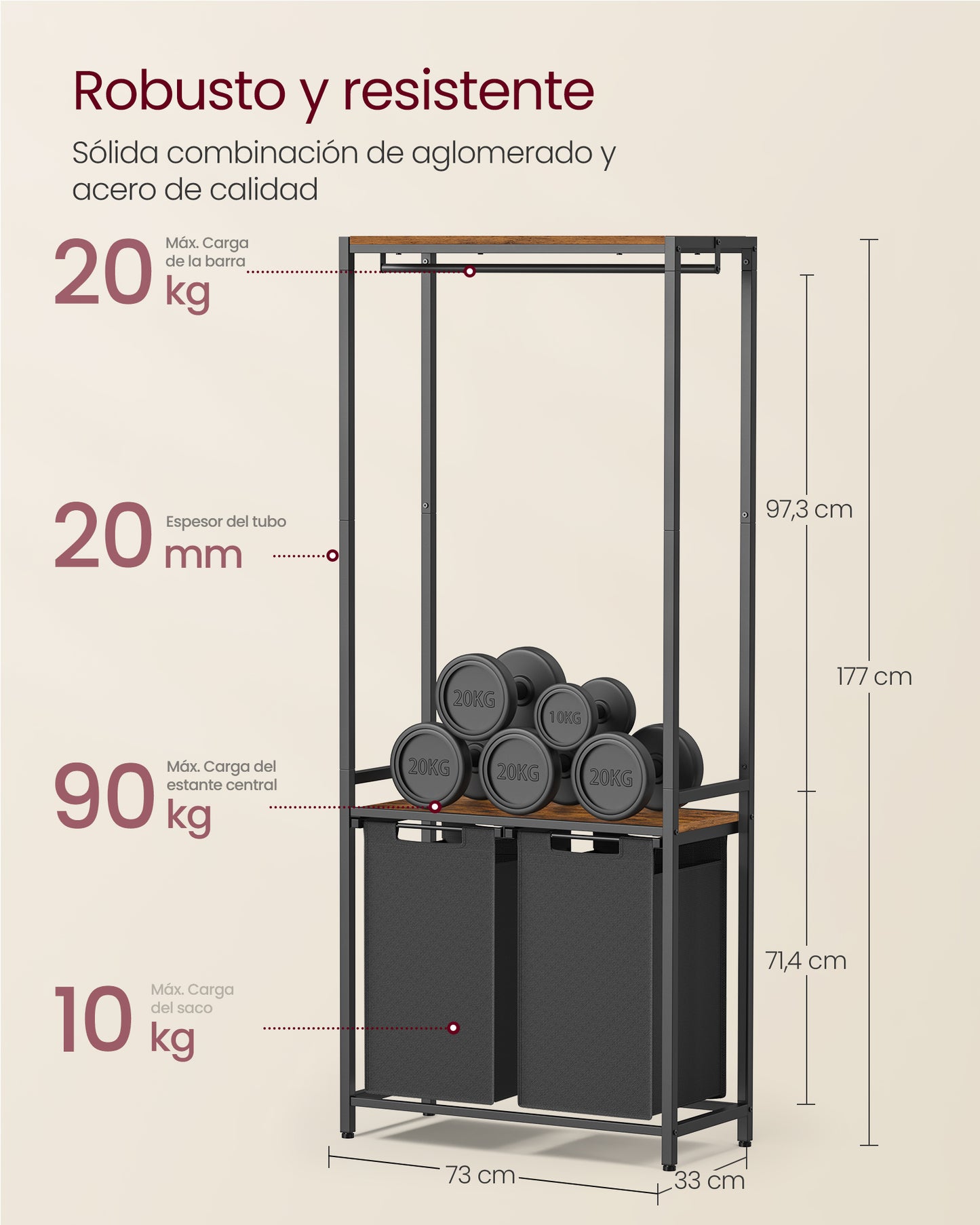 Mueble Cesto Ropa Sucia, 2 x 46 L, Mueble Ropa Sucia, Cesto Colada con 2 Estantes Barra Colgante Marrón y Negro, VASAGLE, 6