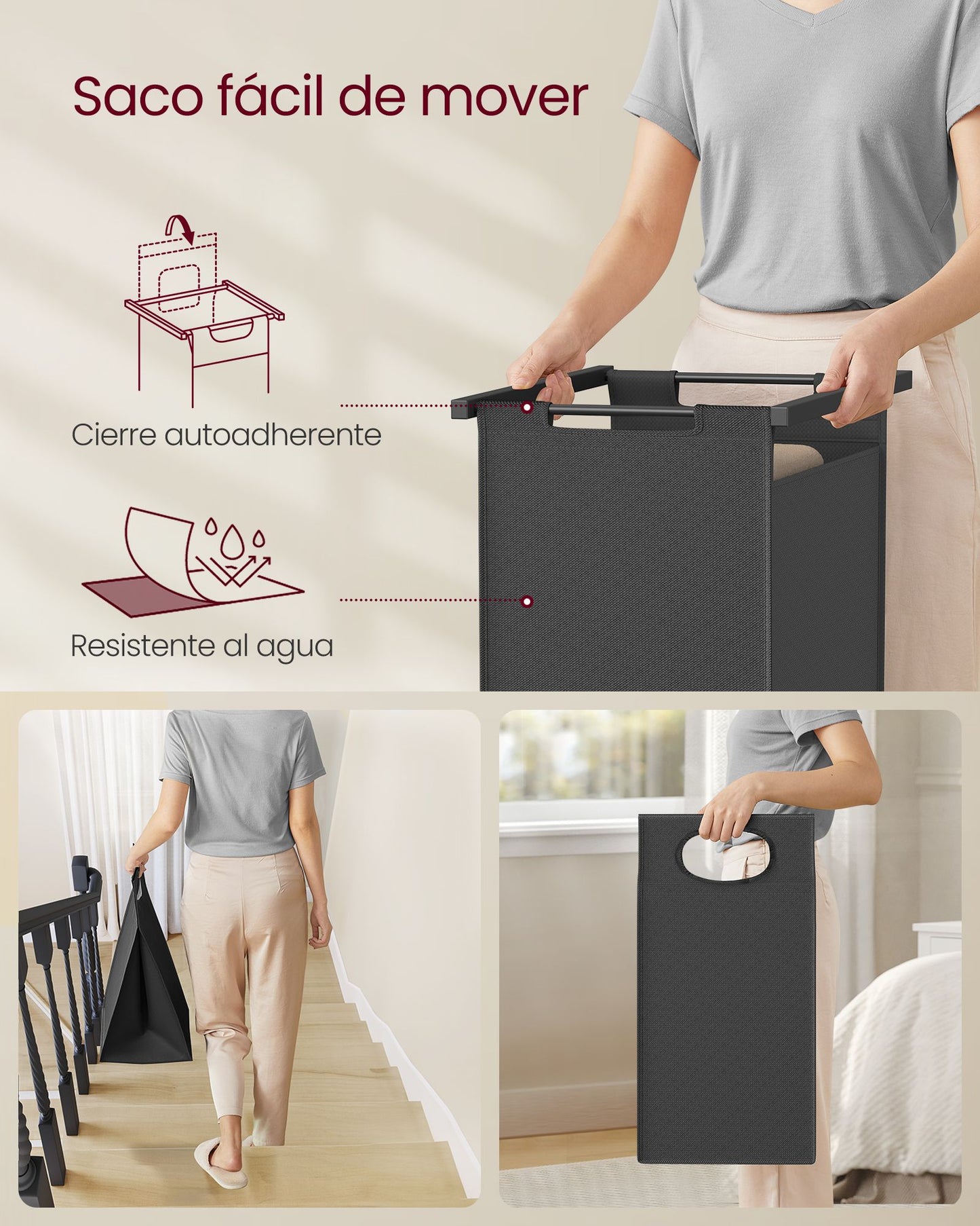 Mueble Cesto Ropa Sucia, 2 x 46 L, Mueble Ropa Sucia, Cesto Colada con 2 Estantes Barra Colgante Marrón y Negro, VASAGLE, 4