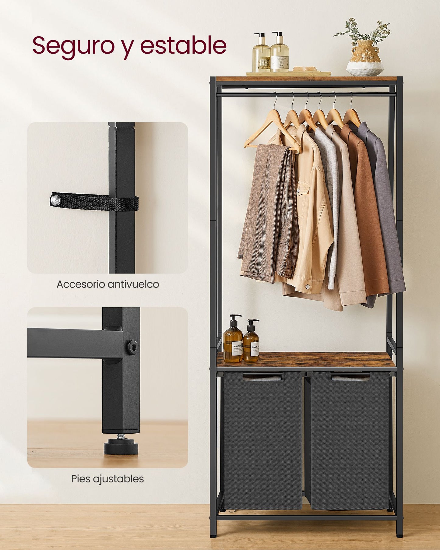 Mueble Cesto Ropa Sucia, 2 x 46 L, Mueble Ropa Sucia, Cesto Colada con 2 Estantes Barra Colgante Marrón y Negro, VASAGLE, 7