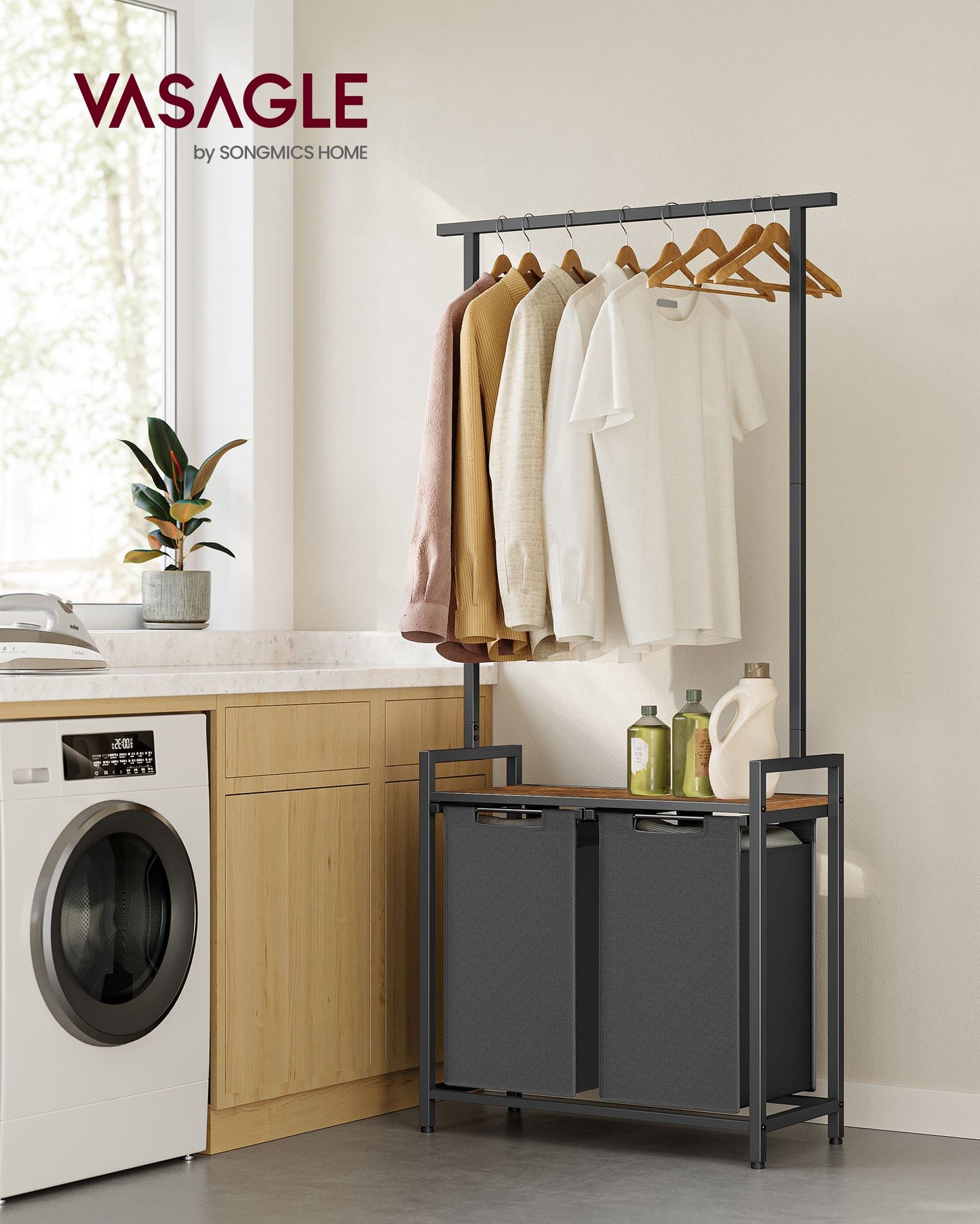 Mueble Cesto Ropa Sucia, 2 x 46 L, Mueble Ropa Sucia, Cesto Colada, con Barra Colgante, Marrón y Negro, VASAGLE, 8