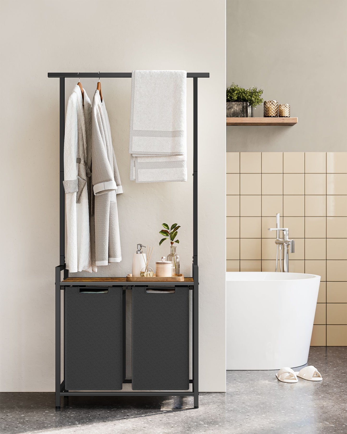 Mueble Cesto Ropa Sucia, 2 x 46 L, Mueble Ropa Sucia, Cesto Colada, con Barra Colgante, Marrón y Negro, VASAGLE, 9