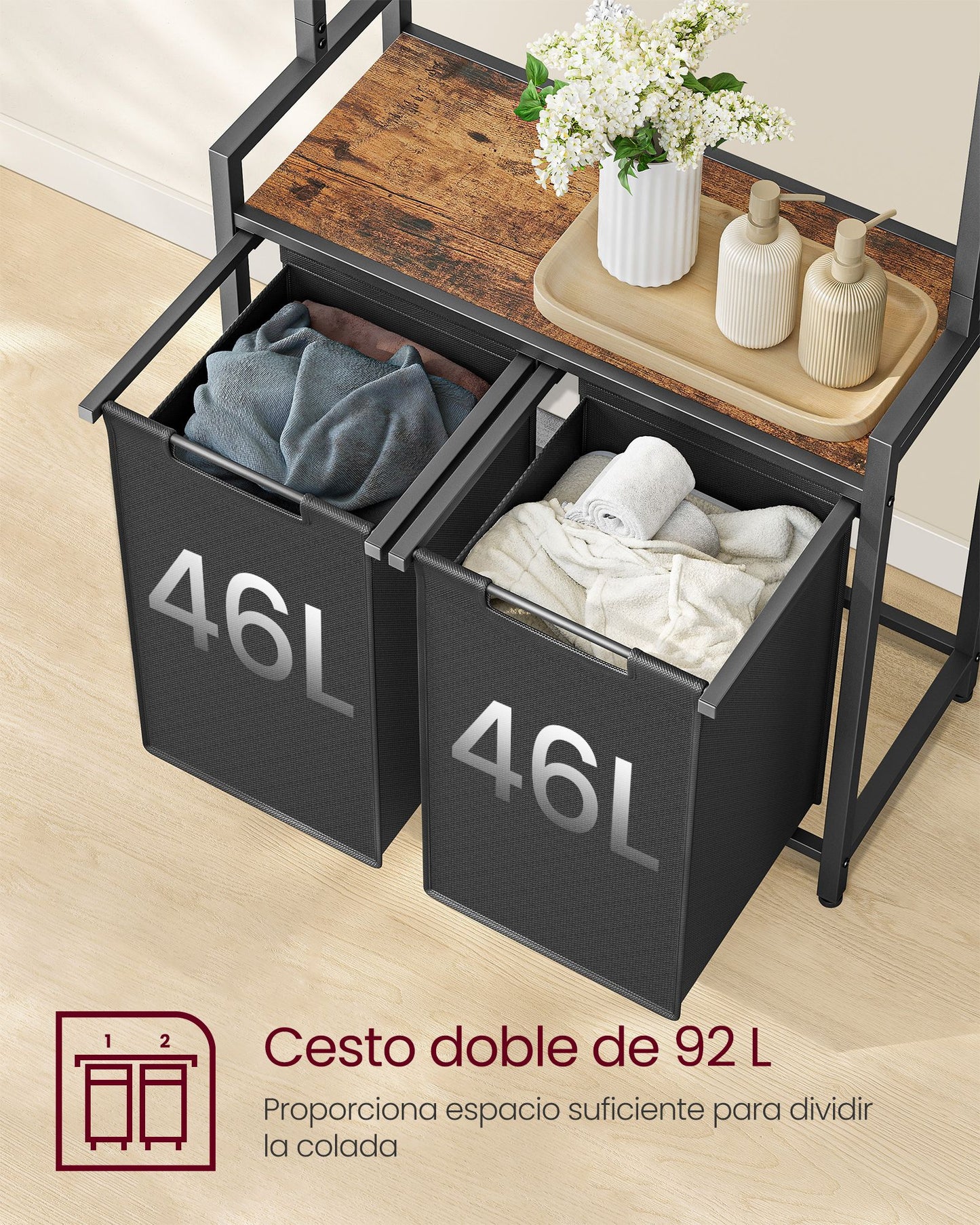 Mueble Cesto Ropa Sucia, 2 x 46 L, Mueble Ropa Sucia, Cesto Colada, con Barra Colgante, Marrón y Negro, VASAGLE, 5