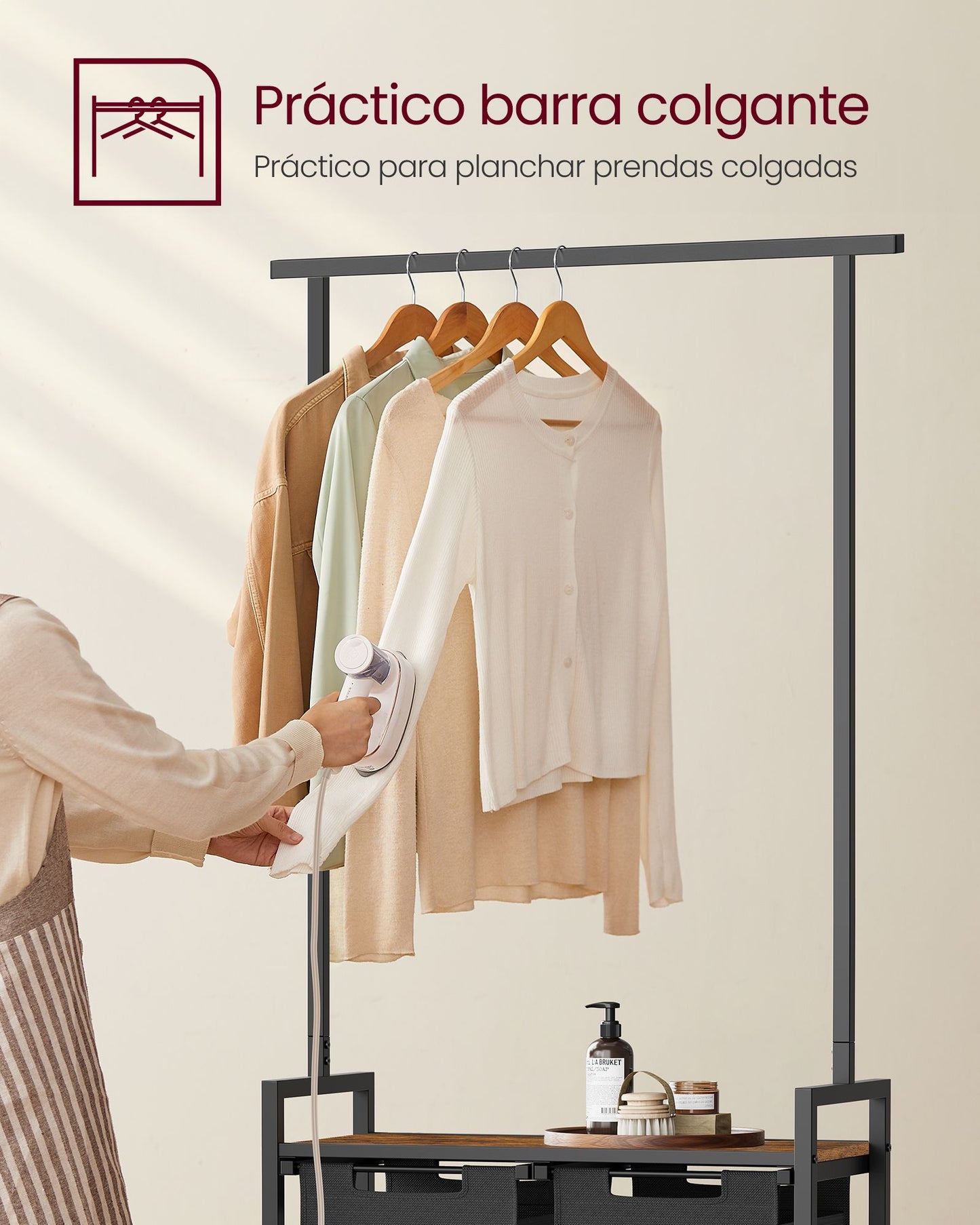 Mueble Cesto Ropa Sucia, 2 x 46 L, Mueble Ropa Sucia, Cesto Colada, con Barra Colgante, Marrón y Negro, VASAGLE, 3