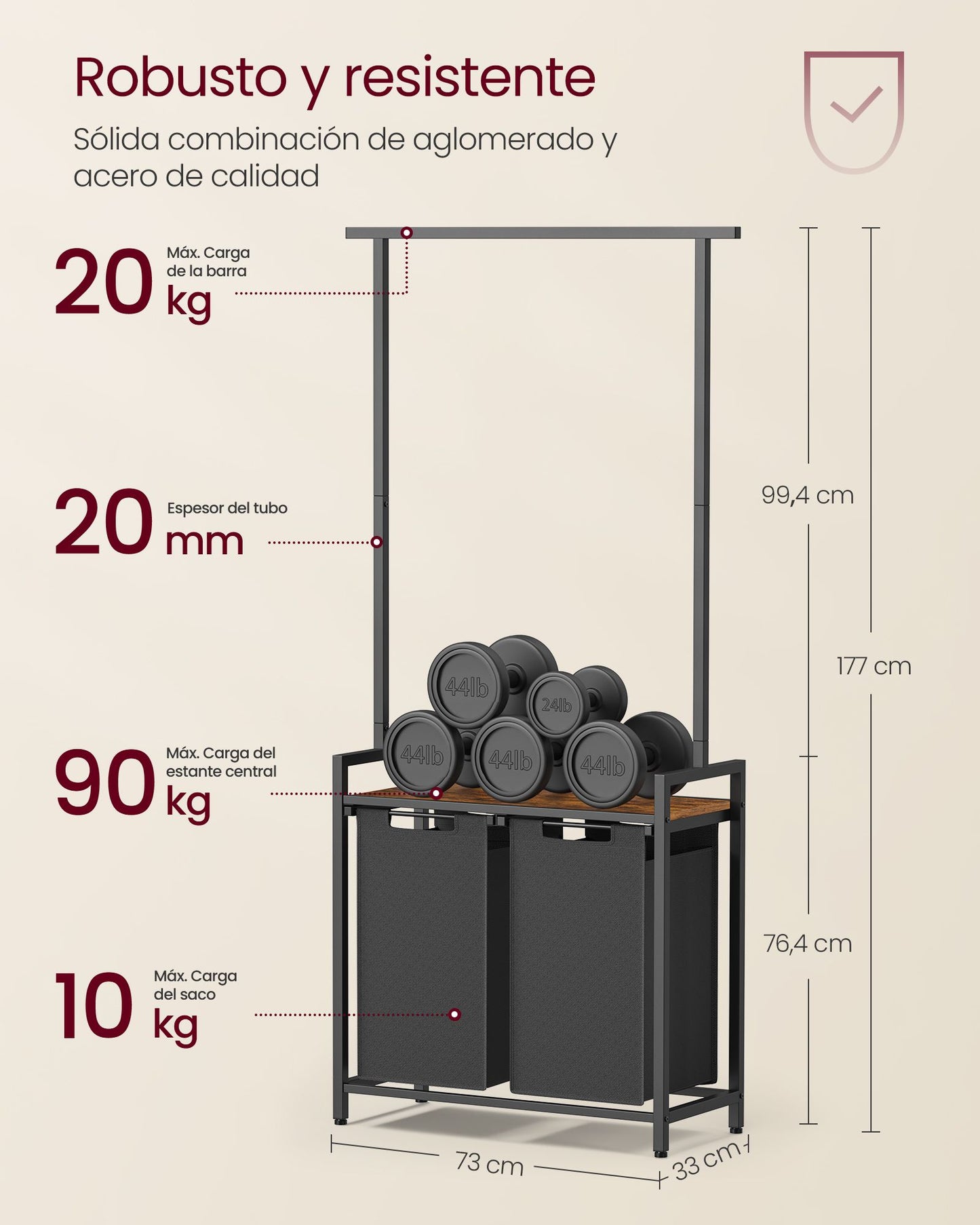 Mueble Cesto Ropa Sucia, 2 x 46 L, Mueble Ropa Sucia, Cesto Colada, con Barra Colgante, Marrón y Negro, VASAGLE, 6