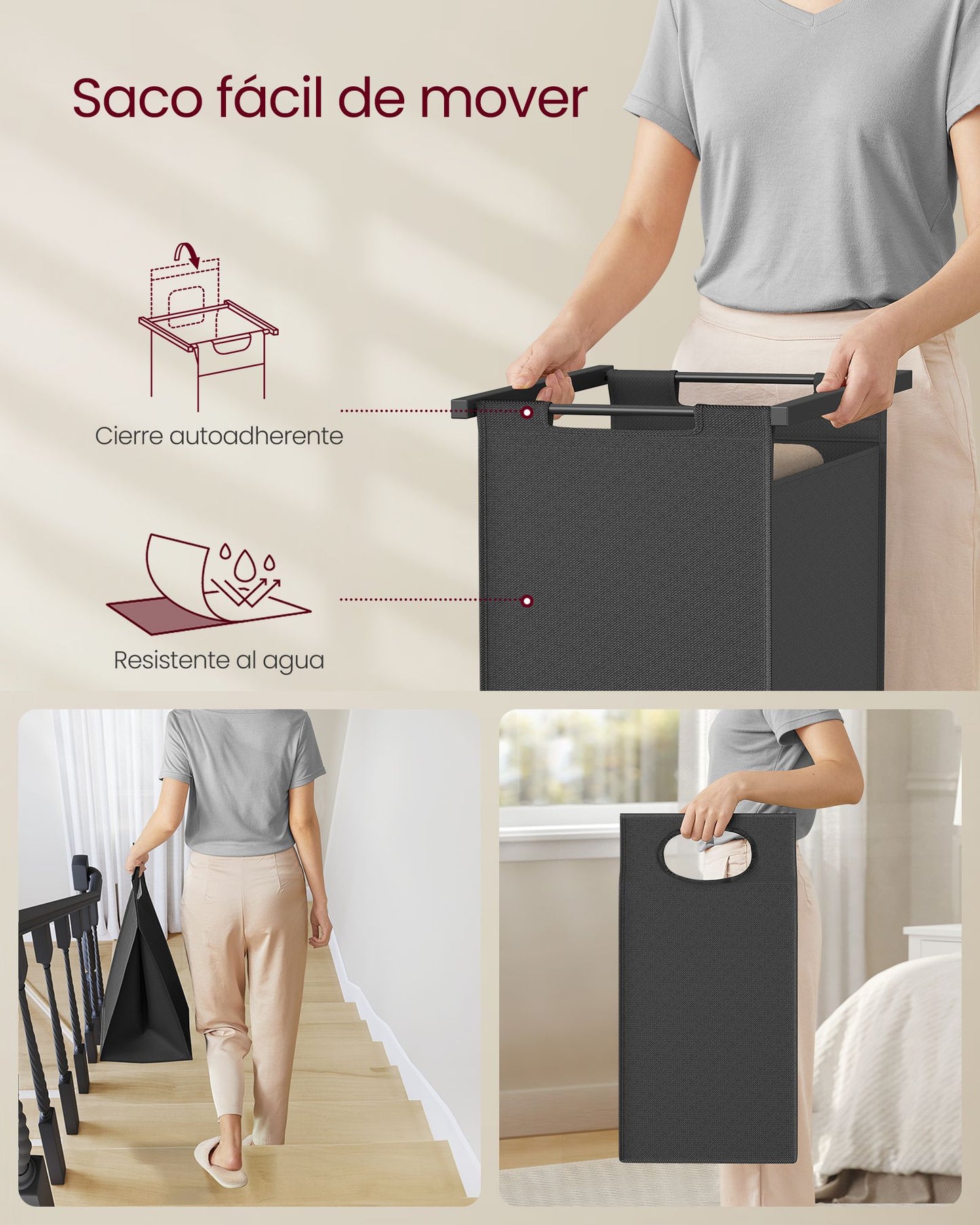 Mueble Cesto Ropa Sucia, 2 x 46 L, Mueble Ropa Sucia, Cesto Colada, con Barra Colgante, Marrón y Negro, VASAGLE, 4