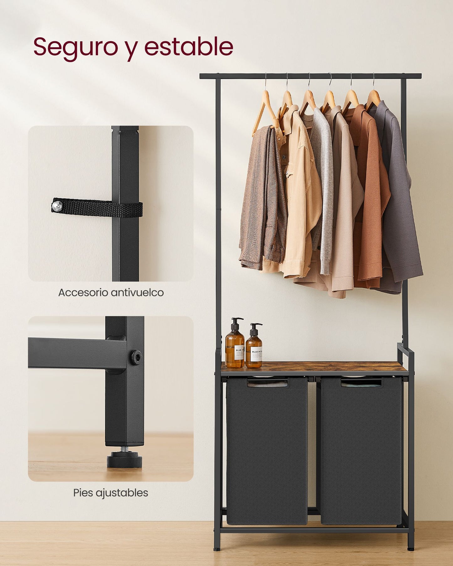 Mueble Cesto Ropa Sucia, 2 x 46 L, Mueble Ropa Sucia, Cesto Colada, con Barra Colgante, Marrón y Negro, VASAGLE, 7