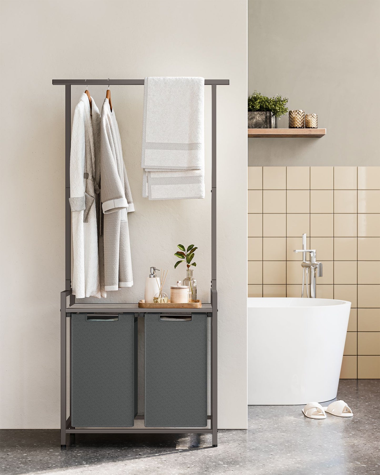 Mueble Cesto Ropa Sucia, 2 x 46 L, Mueble Ropa Sucia, Cesto Doble para Ropa Sucia, Cesto Colada, Greige y Gris, VASAGLE, 9