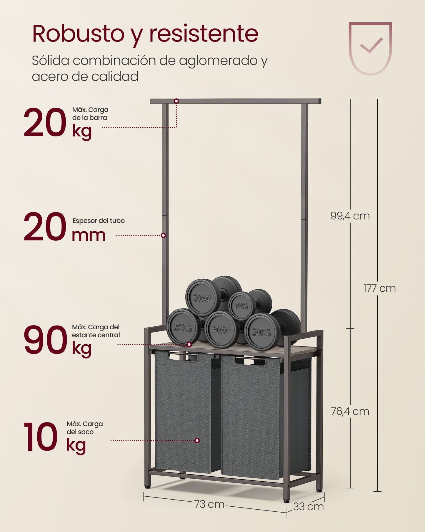Mueble Cesto Ropa Sucia, 2 x 46 L, Mueble Ropa Sucia, Cesto Doble para Ropa Sucia, Cesto Colada, Greige y Gris, VASAGLE, 6