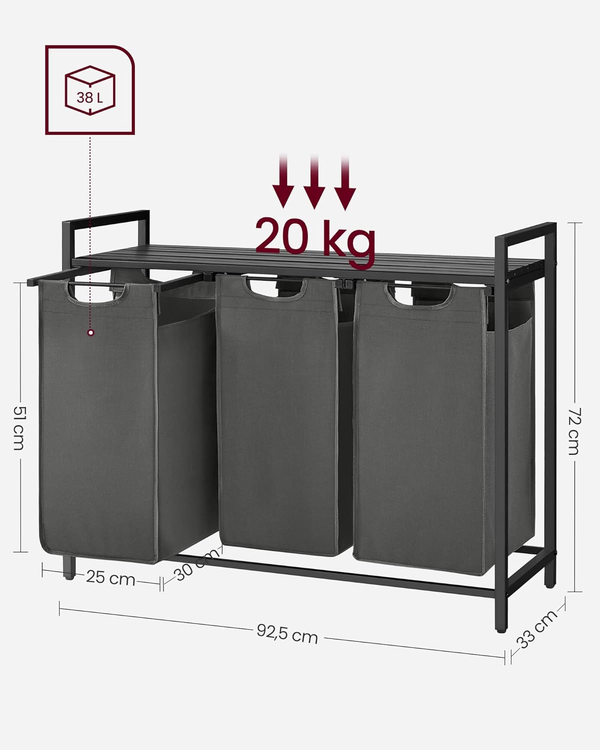 Mueble Cesto Ropa Sucia, 3x38 L Mueble Ropa Sucia, Colada de Tela Oxford Extraíble y Desmontable Negro y Gris, VASAGLE, 7