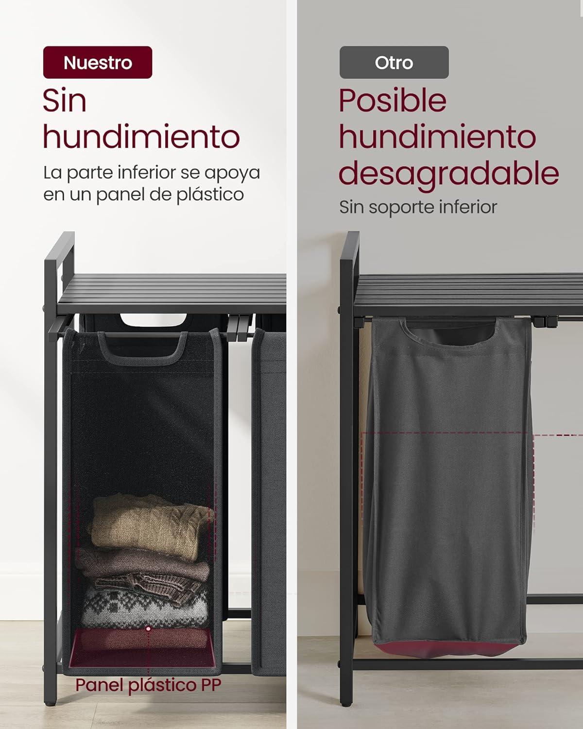 Mueble Cesto Ropa Sucia, 3x38 L Mueble Ropa Sucia, Colada de Tela Oxford Extraíble y Desmontable Negro y Gris, VASAGLE, 5