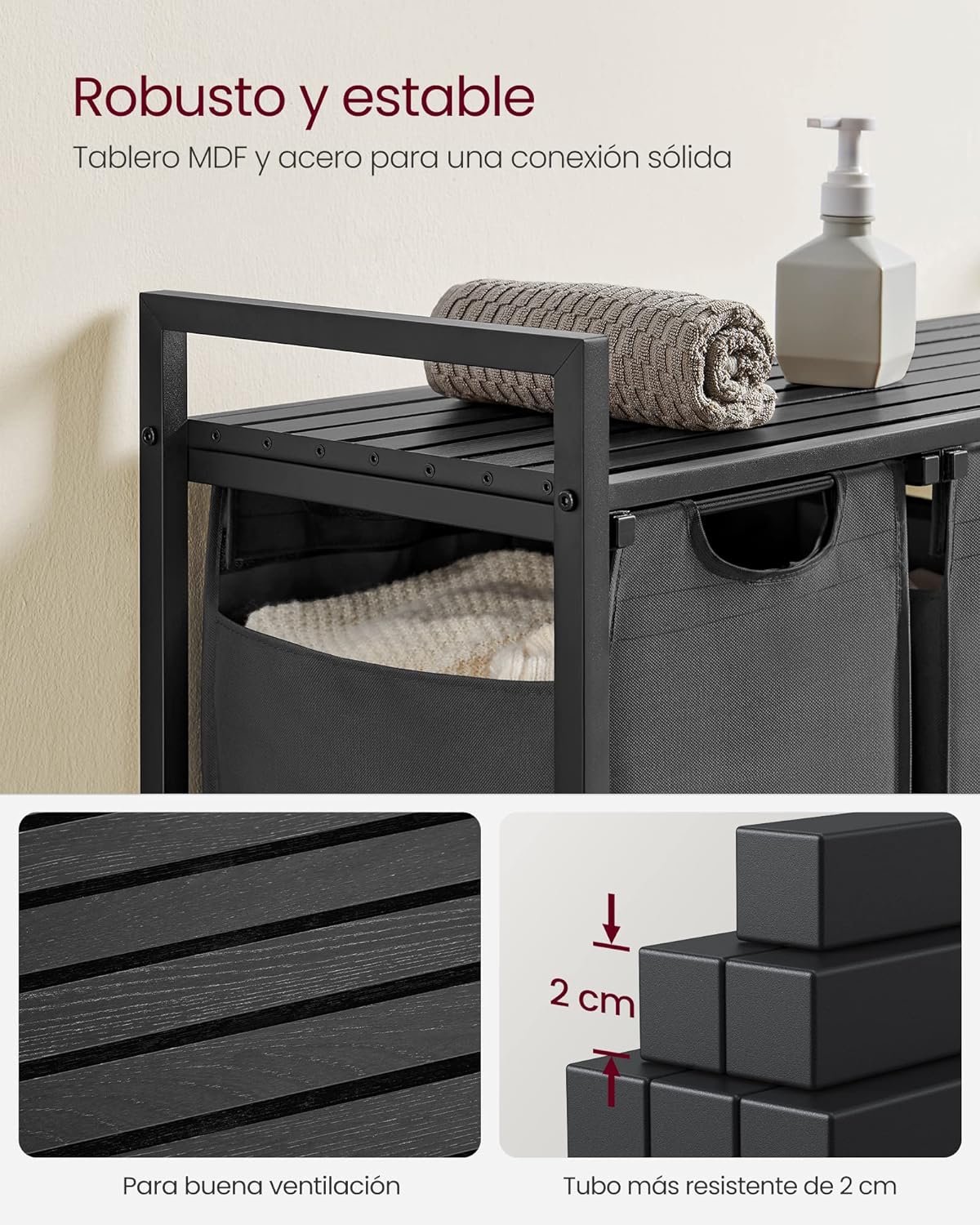Mueble Cesto Ropa Sucia, 3x38 L Mueble Ropa Sucia, Colada de Tela Oxford Extraíble y Desmontable Negro y Gris, VASAGLE, 6