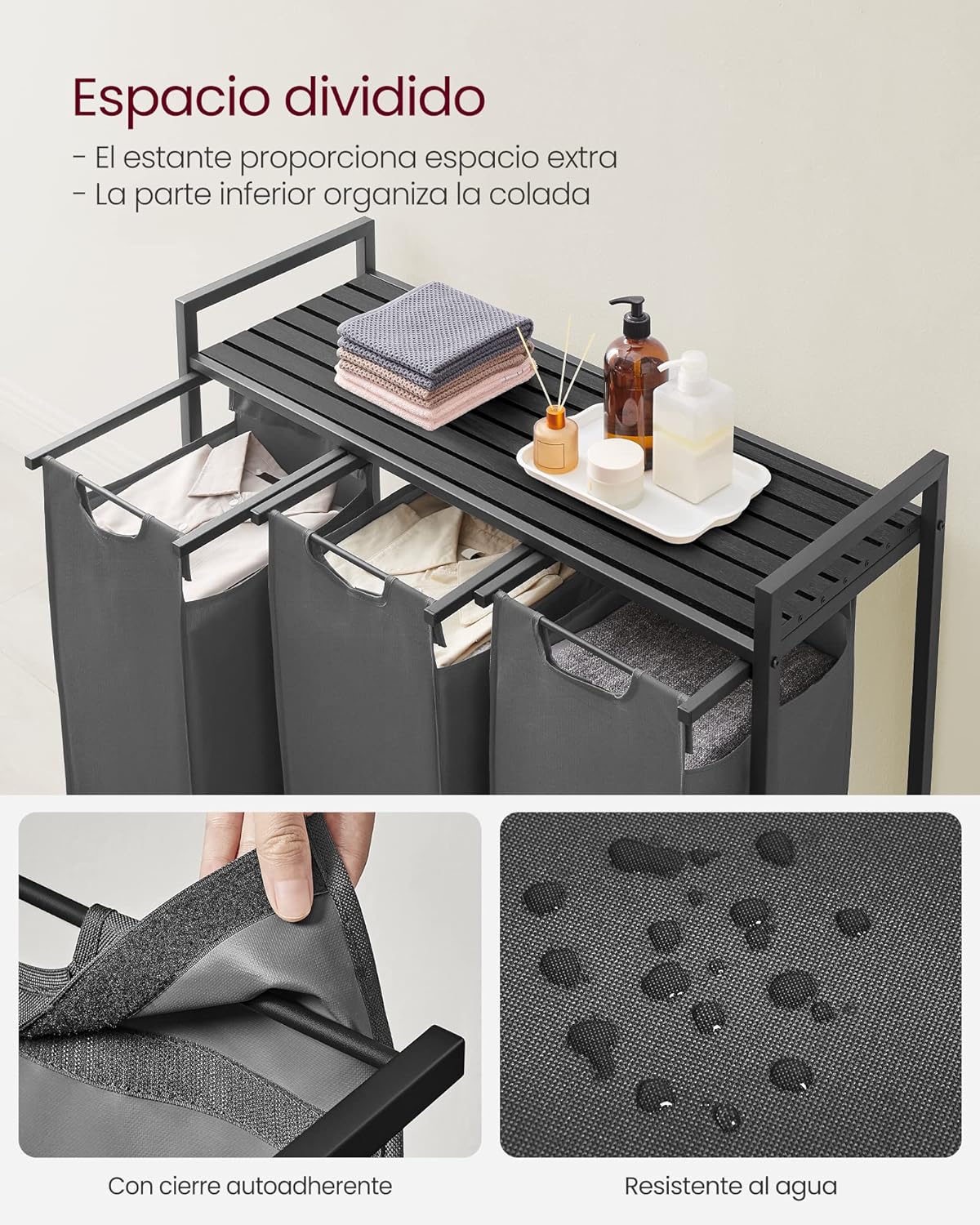 Mueble Cesto Ropa Sucia, 3x38 L Mueble Ropa Sucia, Colada de Tela Oxford Extraíble y Desmontable Negro y Gris, VASAGLE, 4