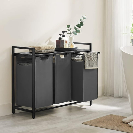 Mueble Cesto Ropa Sucia, 3x38 L Mueble Ropa Sucia, Colada de Tela Oxford Extraíble y Desmontable Negro y Gris, VASAGLE, 2