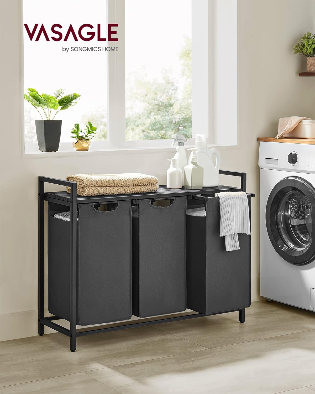 Mueble Cesto Ropa Sucia, 3x38 L Mueble Ropa Sucia, Colada de Tela Oxford Extraíble y Desmontable Negro y Gris, VASAGLE, 8