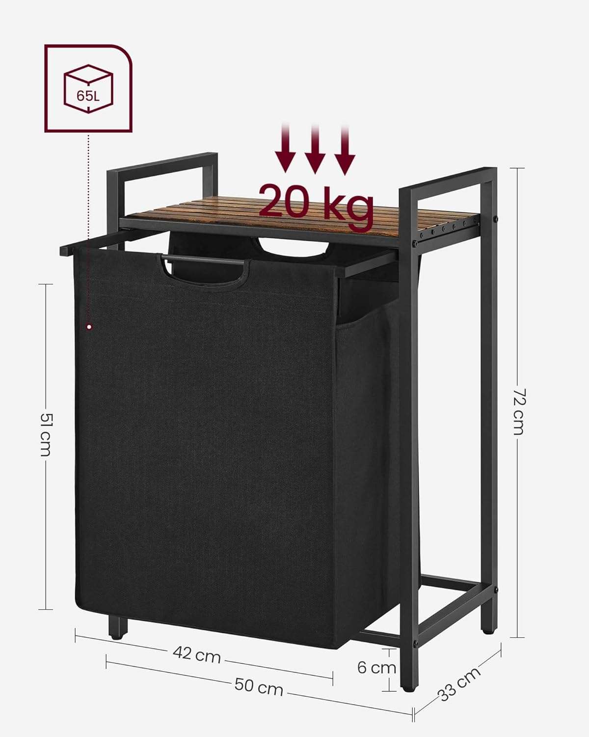 Mueble Cesto Ropa Sucia, 65 L, Mueble Ropa Sucia, Cesto para Ropa Sucia, Marrón y Negro, VASAGLE, 10