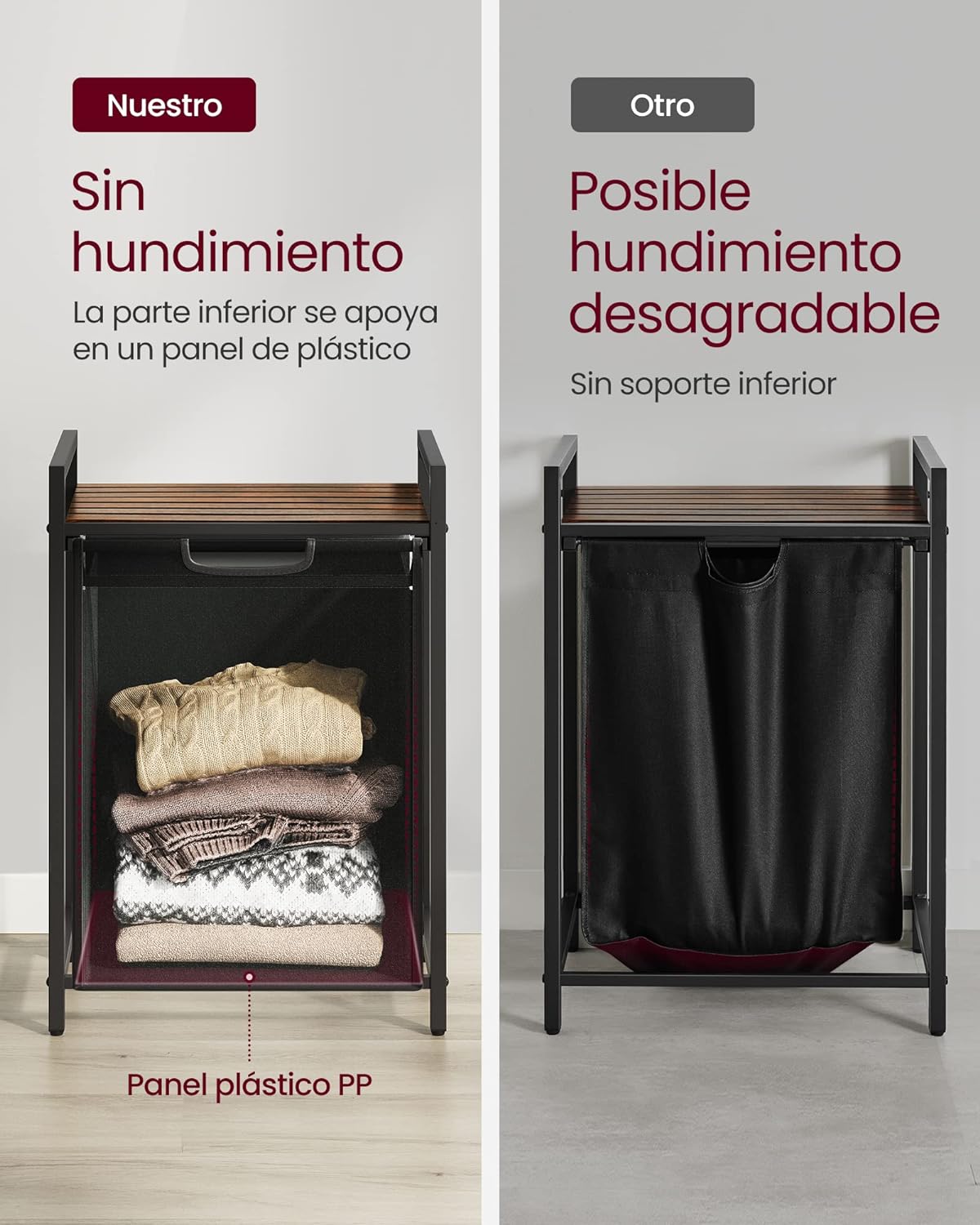 Mueble Cesto Ropa Sucia, 65 L, Mueble Ropa Sucia, Cesto para Ropa Sucia, Marrón y Negro, VASAGLE, 6