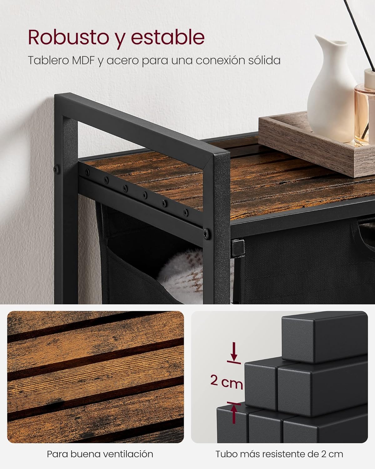 Mueble Cesto Ropa Sucia, 65 L, Mueble Ropa Sucia, Cesto para Ropa Sucia, Marrón y Negro, VASAGLE, 7
