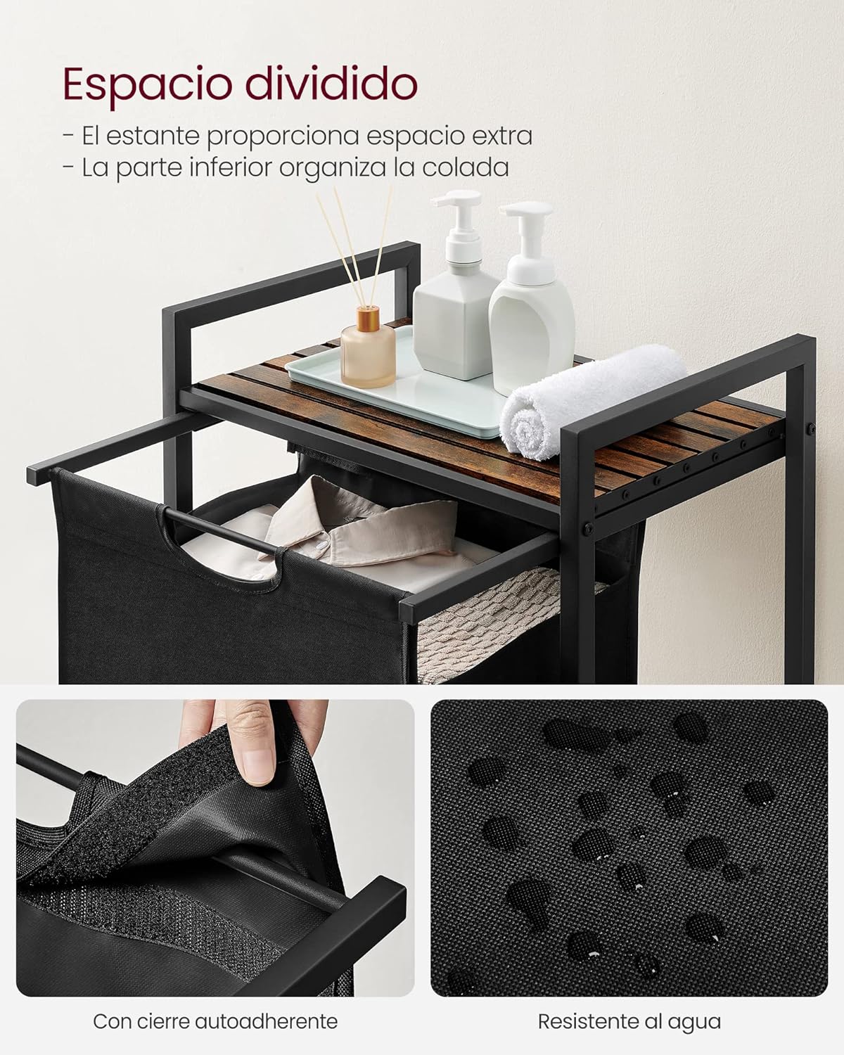 Mueble Cesto Ropa Sucia, 65 L, Mueble Ropa Sucia, Cesto para Ropa Sucia, Marrón y Negro, VASAGLE, 5