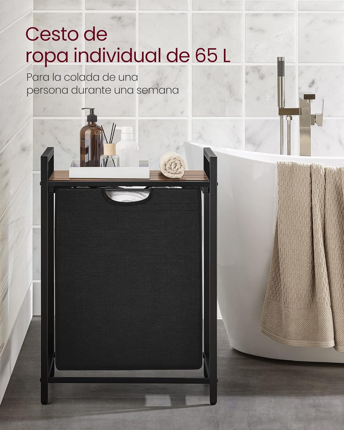 Mueble Cesto Ropa Sucia, 65 L, Mueble Ropa Sucia, Cesto para Ropa Sucia, Marrón y Negro, VASAGLE, 4