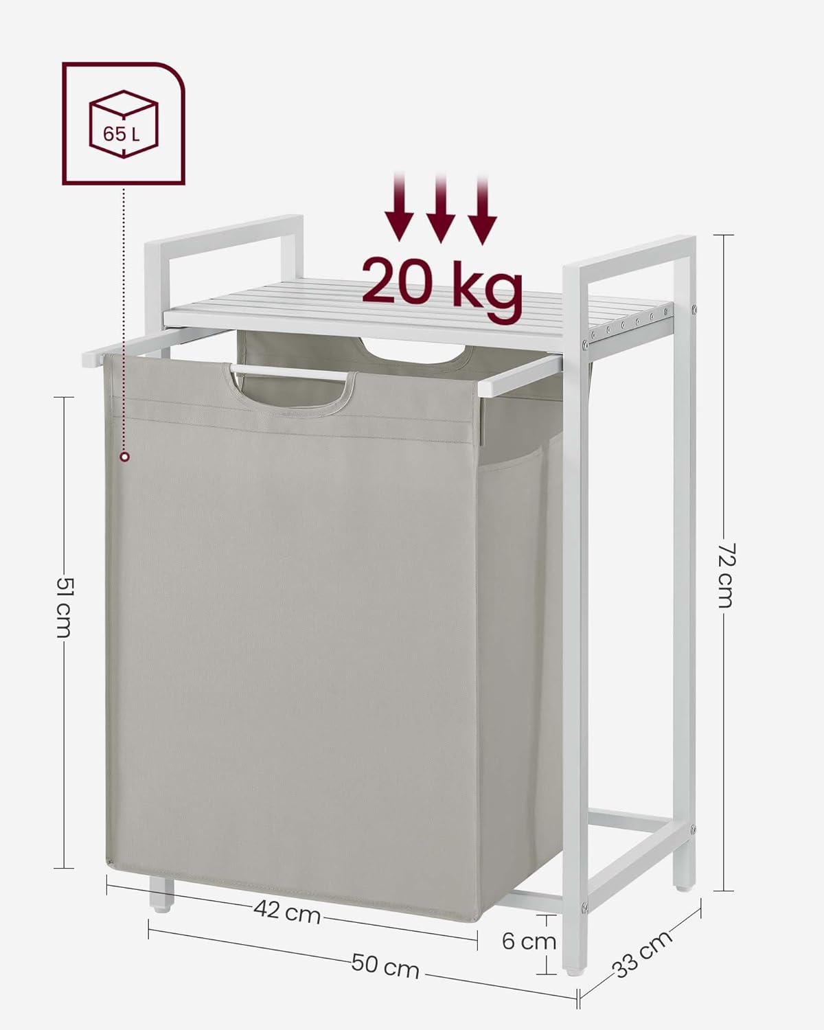 Mueble Cesto Ropa Sucia, 65 L, Mueble Ropa Sucia, Bolsa Colada de Tela Oxford Extraíble y Desmontable, Blanco, VASAGLE, 8