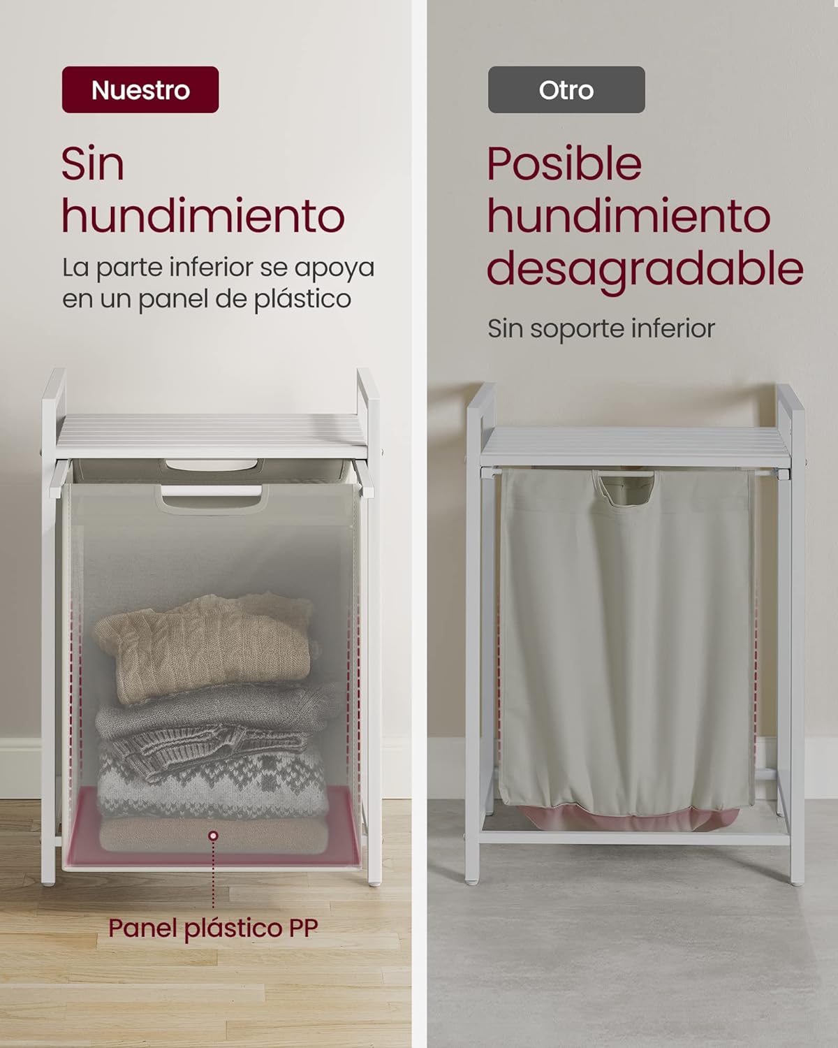 Mueble Cesto Ropa Sucia, 65 L, Mueble Ropa Sucia, Bolsa Colada de Tela Oxford Extraíble y Desmontable, Blanco, VASAGLE, 7
