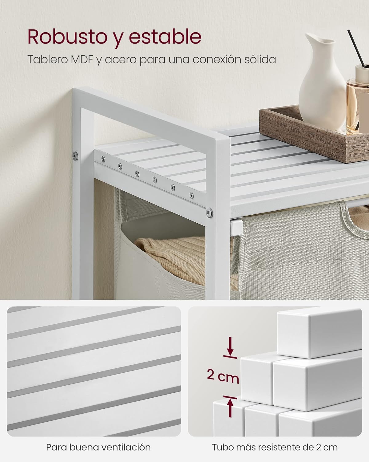Mueble Cesto Ropa Sucia, 65 L, Mueble Ropa Sucia, Bolsa Colada de Tela Oxford Extraíble y Desmontable, Blanco, VASAGLE, 6