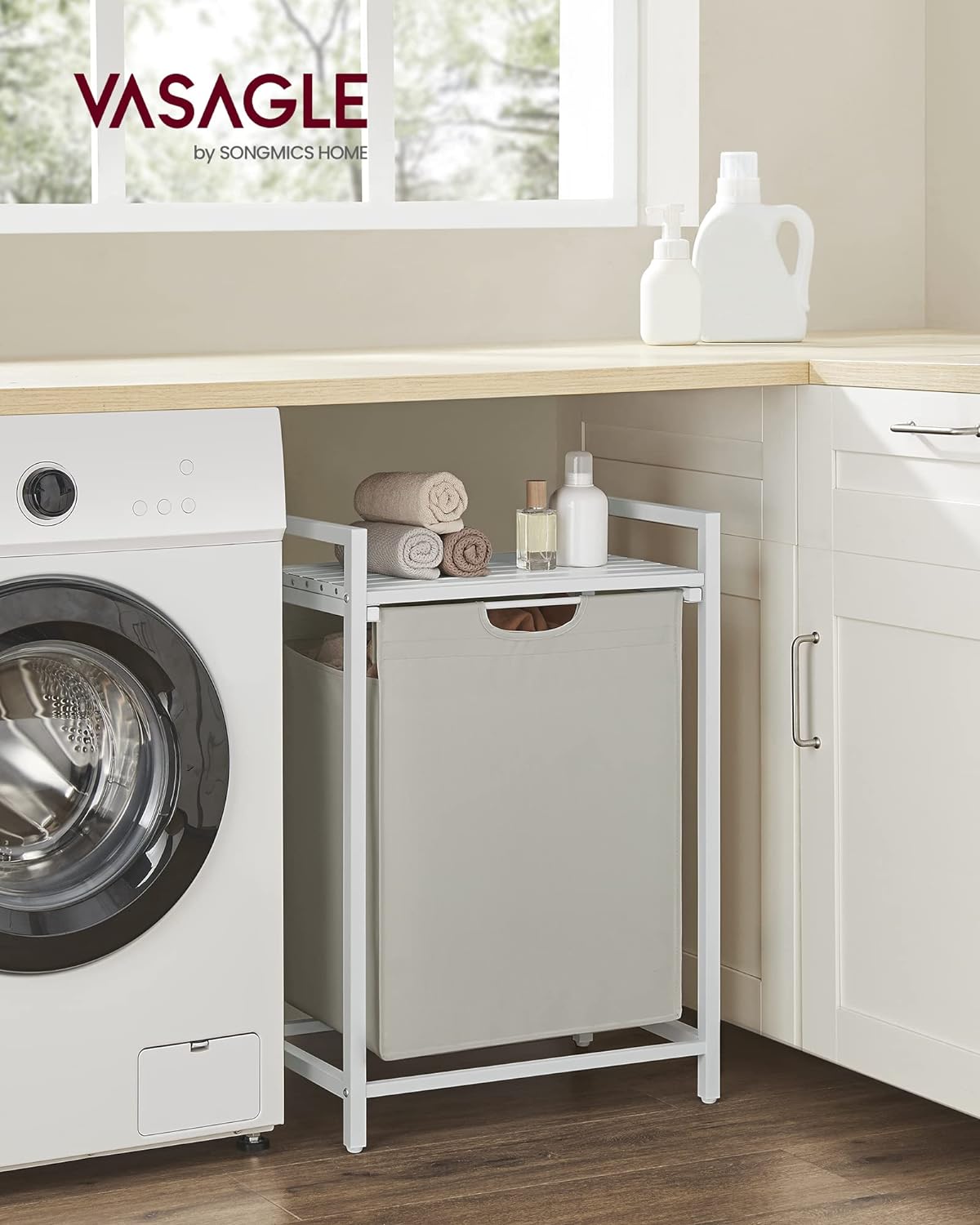 Mueble Cesto Ropa Sucia, 65 L, Mueble Ropa Sucia, Bolsa Colada de Tela Oxford Extraíble y Desmontable, Blanco, VASAGLE, 3
