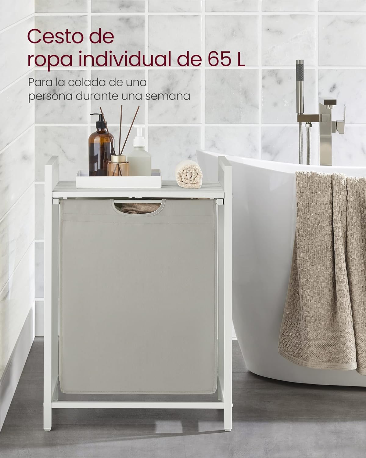 Mueble Cesto Ropa Sucia, 65 L, Mueble Ropa Sucia, Bolsa Colada de Tela Oxford Extraíble y Desmontable, Blanco, VASAGLE, 4