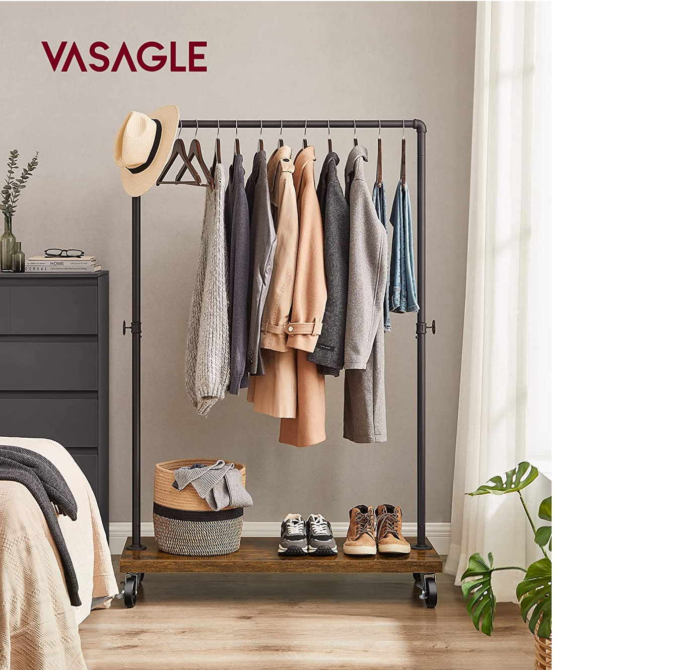 Burro Ropa, Burro Ropa Resistente, Perchero Móvil con Estante, Capacidad de Carga de 90 kg, Vasagle, 4