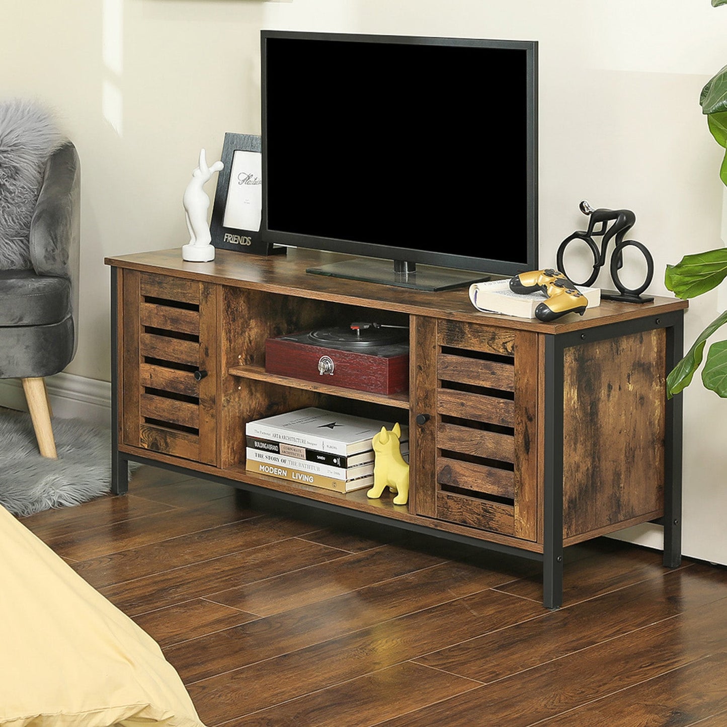VASAGLE - Soporte para TV, Mesa de TV con Estantes, Aramrio con Almacenamiento Abierto, Puertas con Persianas, para Salón, Marrón Rústico