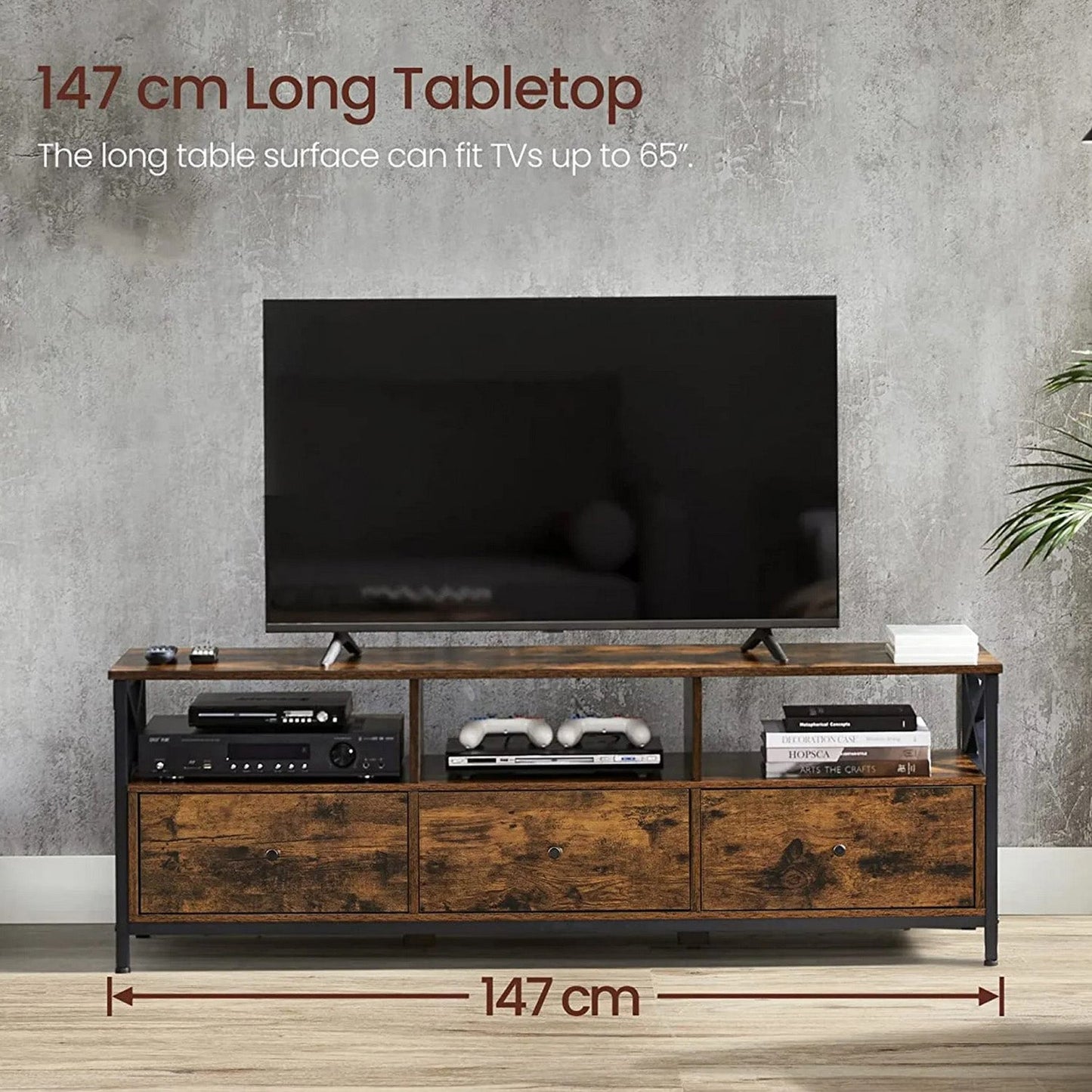 VASAGLE - Mueble TV, Muz TV para Televisores hasta 65 Pulgadas, con 3 Cajones y Estantes de Almacenamiento, 147 x 40 x 50 cm