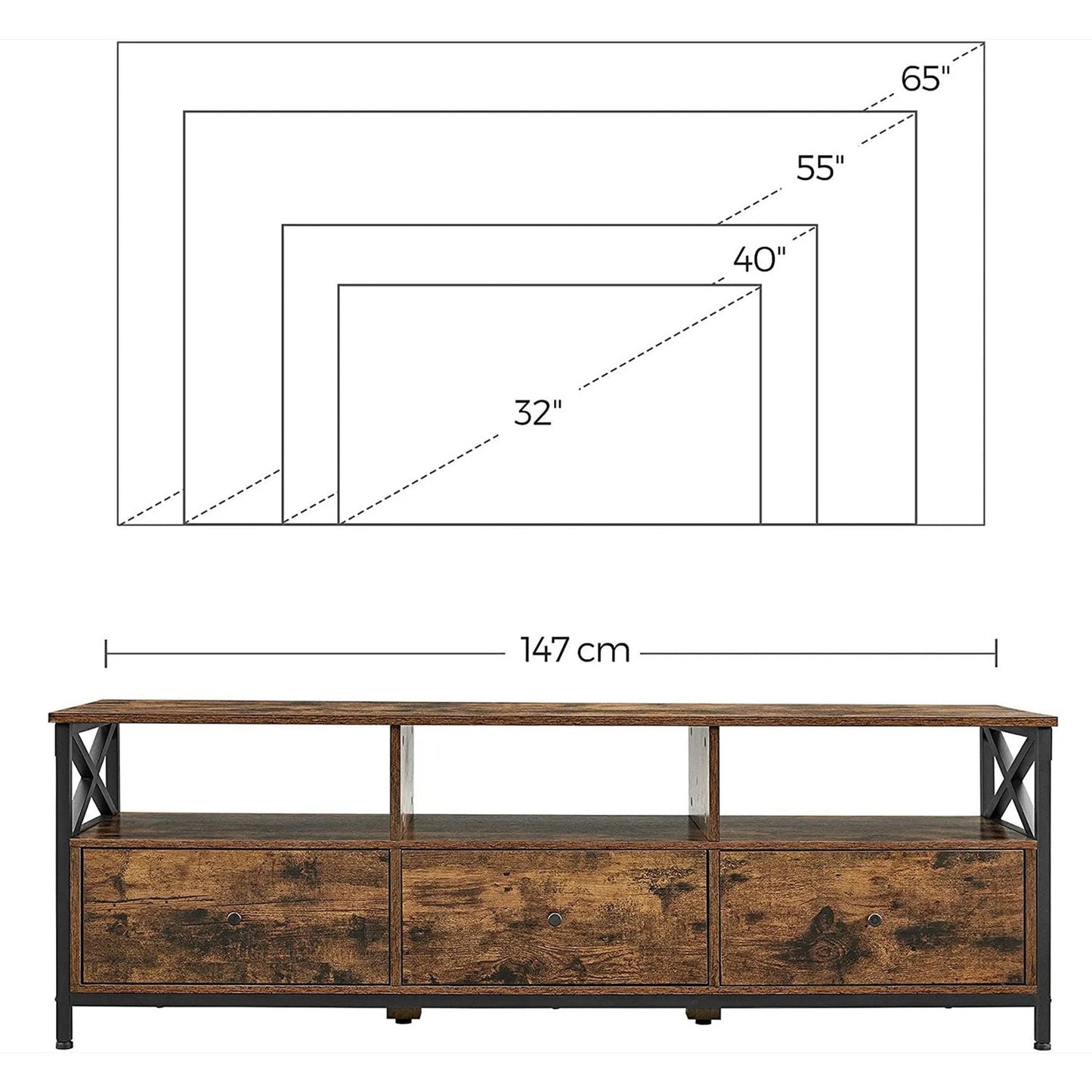 VASAGLE - Mueble TV, Muz TV para Televisores hasta 65 Pulgadas, con 3 Cajones y Estantes de Almacenamiento, 147 x 40 x 50 cm