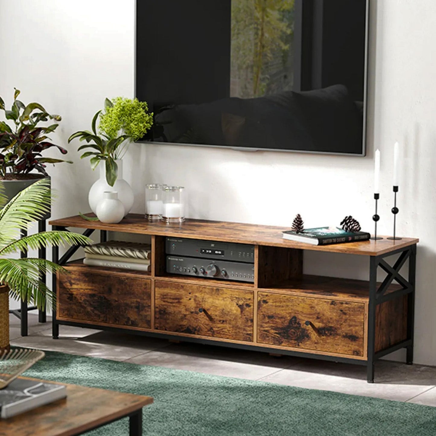 VASAGLE - Mueble TV, Muz TV para Televisores hasta 65 Pulgadas, con 3 Cajones y Estantes de Almacenamiento, 147 x 40 x 50 cm
