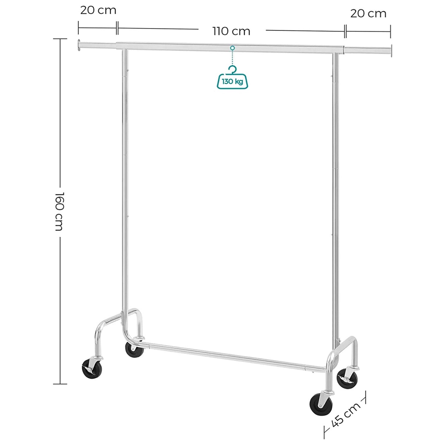 Burro Ropa, Burro Ropa Resistente, Perchero Móvil con Capacidad de 130 kg, Ajustable, Acero Cromado, Songmics, 2