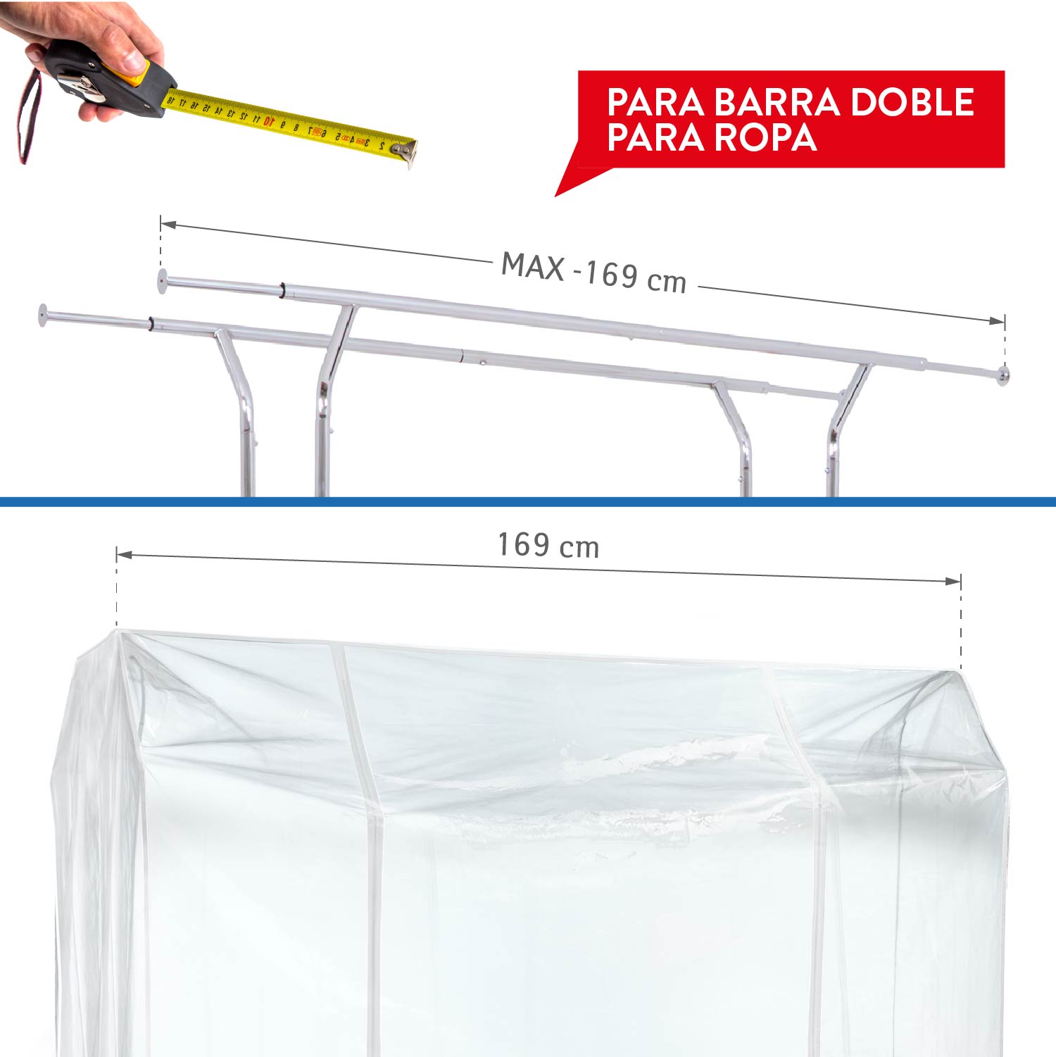 Funda para Burro de Ropa, grande 169x90x170 cm, con 2 cremalleras, Protección polvo, humedad y radiación UV, Transparente, Tatkraft Safe, 3