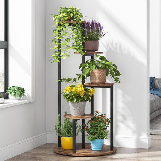 Soporte para Plantas, 5 niveles, Estanteria para plantas, 50x50x104cm, Soporte Macetas, Marrón Negro, Tribesigns, 1