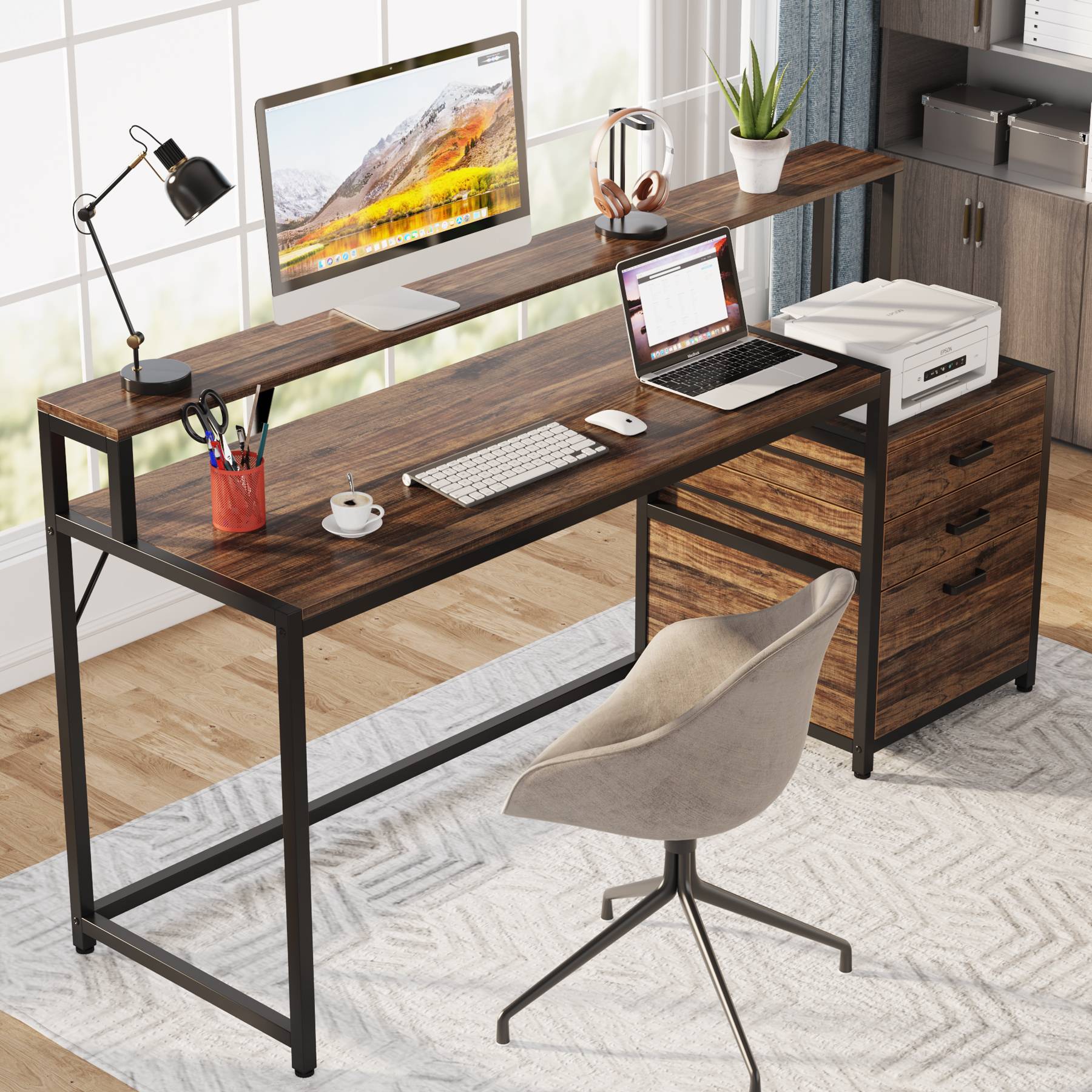 Escritorio con cajones, Mesa ordenador, 160x50x90cm, Mesa Oficina, Tribesigns, 3