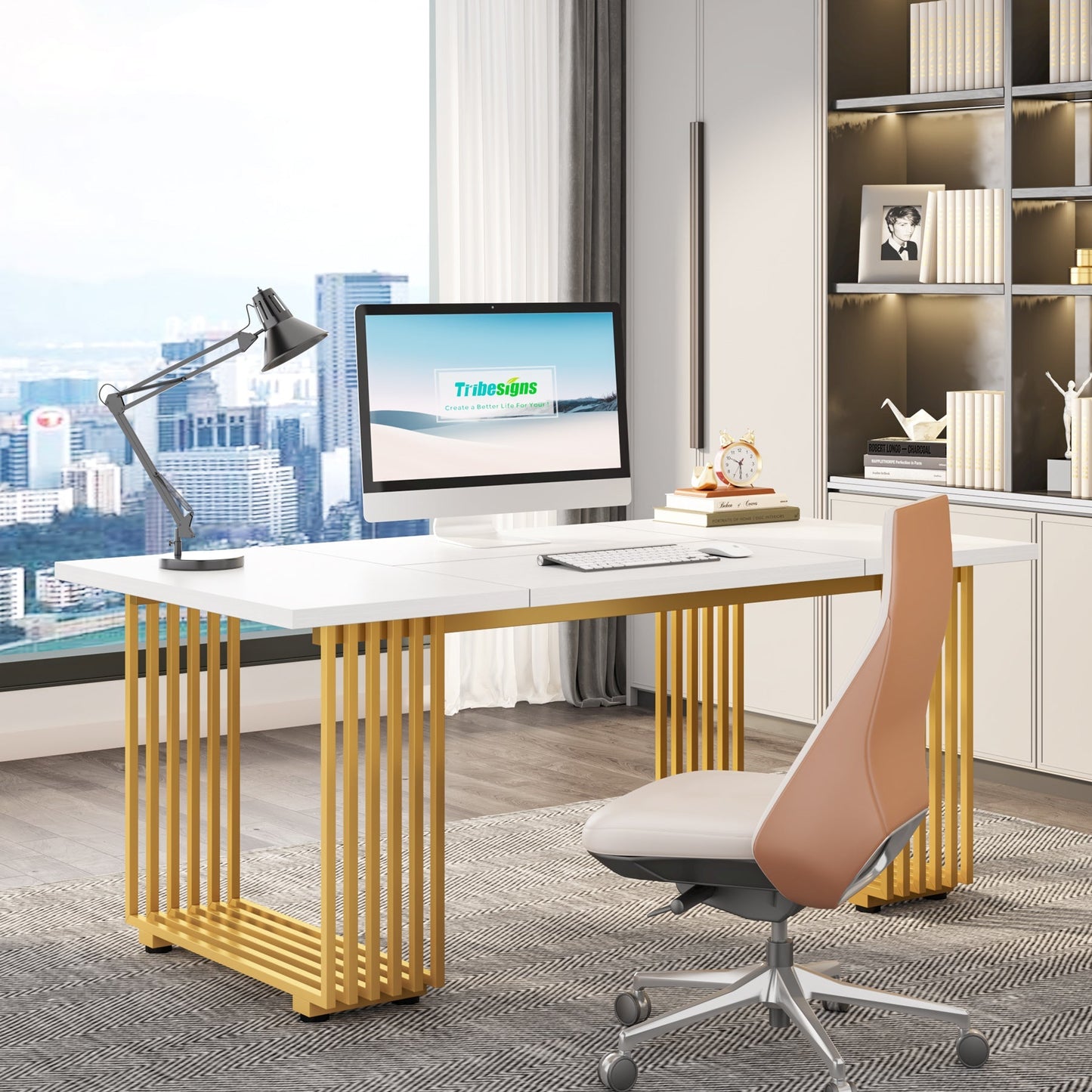 Escritorio, 180x79x78cm, Mesa Ordenador, con patas doradas, Mesa Oficina, Blanco y dorado, Tribesigns, 3