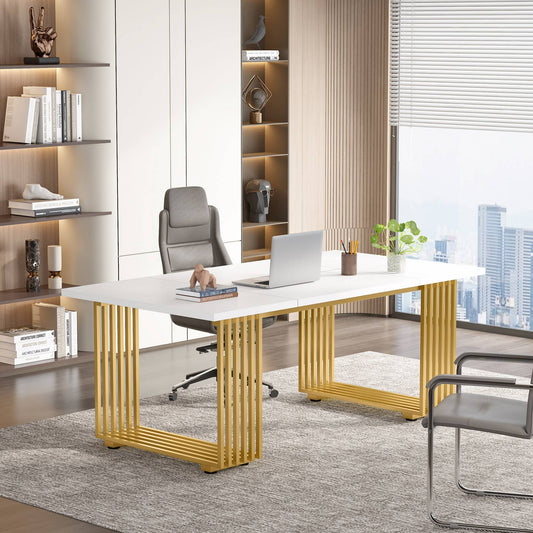 Escritorio, 180x79x78cm, Mesa Ordenador, con patas doradas, Mesa Oficina, Blanco y dorado, Tribesigns, 1
