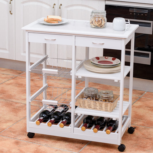 Carrito cocina, Carro cocina, con Ruedas Estante para Vinos, Carrito de Comedor, Madera de pino, Metal, Blanco, Costway, 2