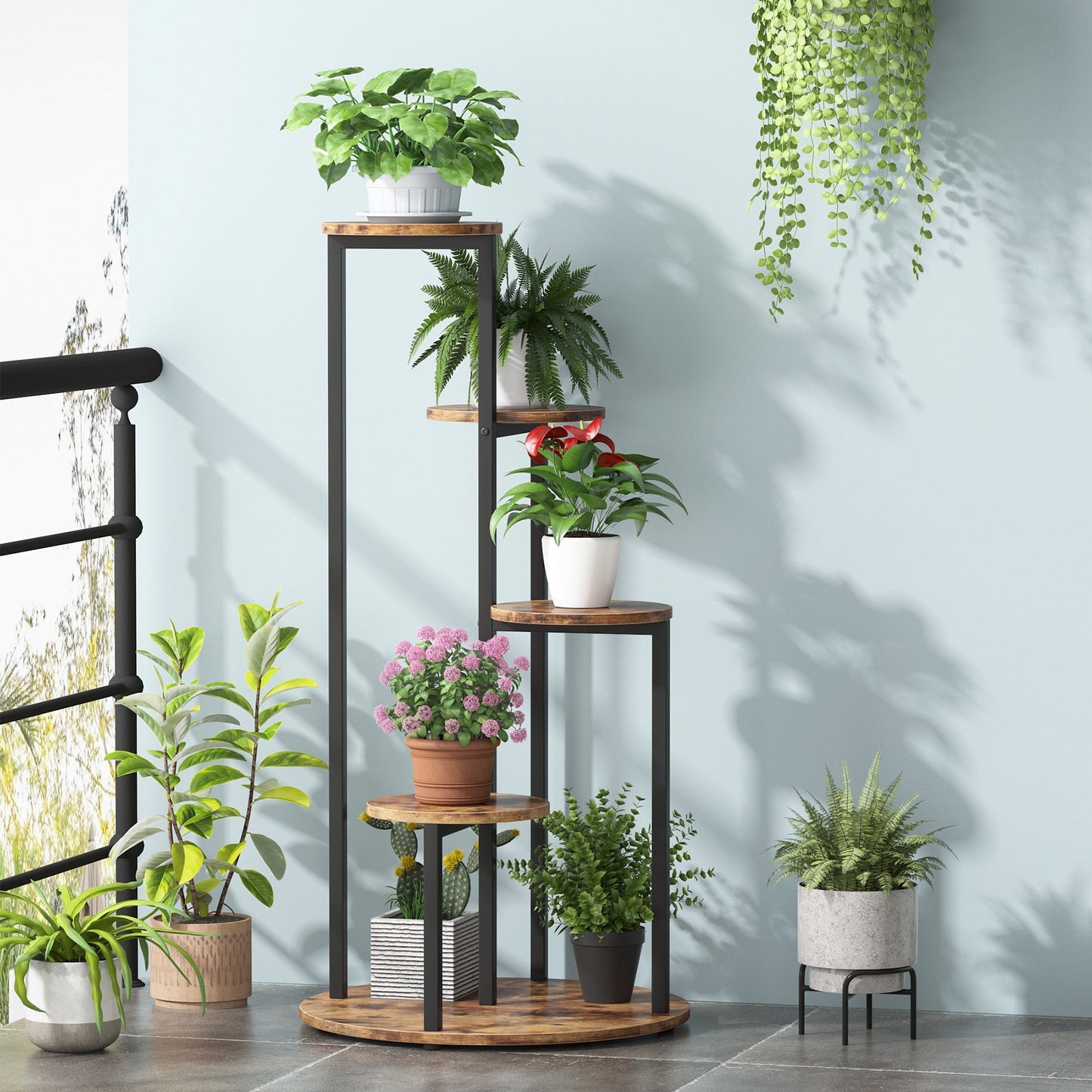 Soporte para Plantas, 5 niveles, Estanteria para plantas, 50x50x104cm, Soporte Macetas, Marrón Negro, Tribesigns, 2