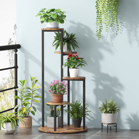Soporte para Plantas, 5 niveles, Estanteria para plantas, 50x50x104cm, Soporte Macetas, Marrón Negro, Tribesigns, 2