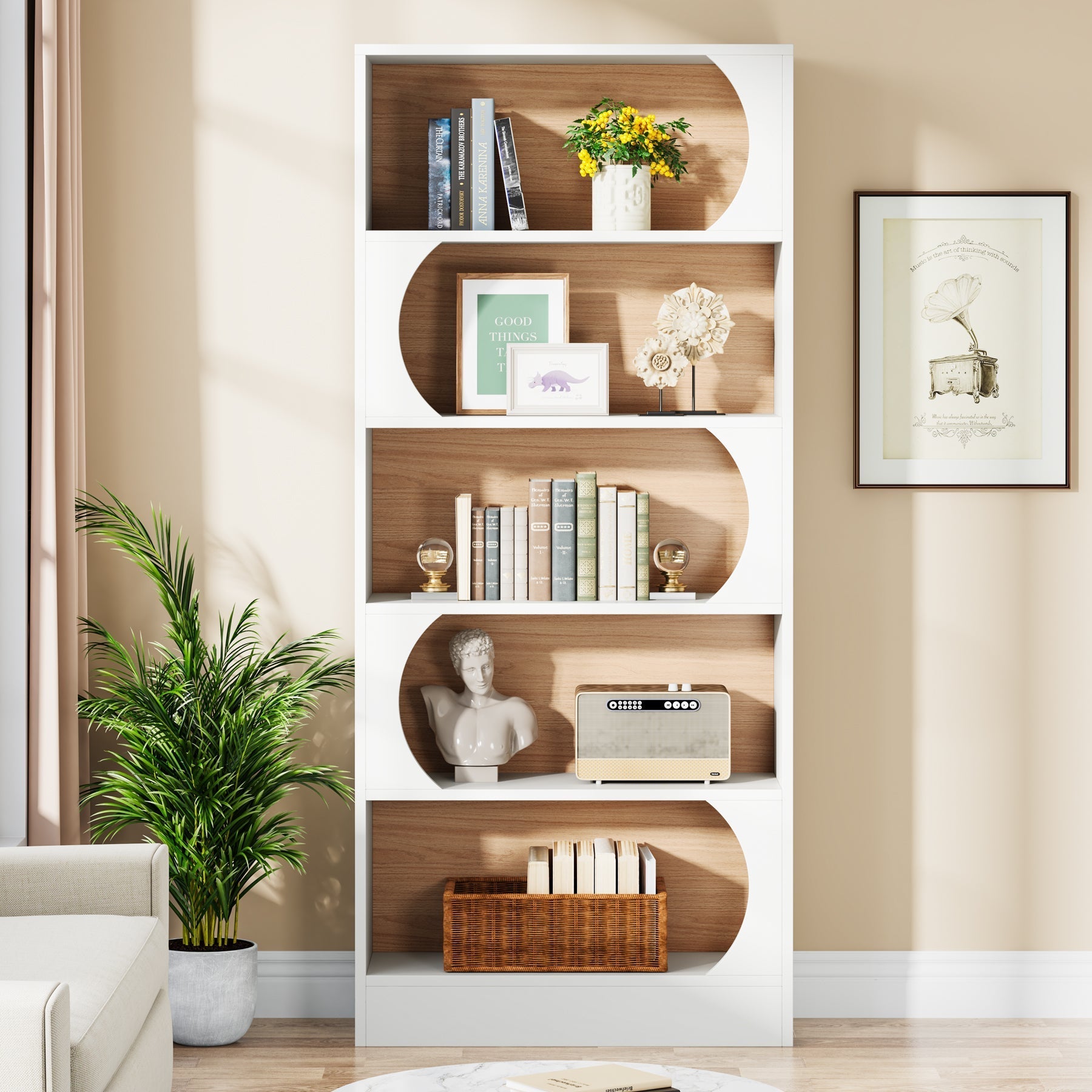 Estantería, Libreria, 5 Niveles, Estantería estrecha, 80x30x180cm, Estanteria Salon, Blanco, Tribesigns, 3