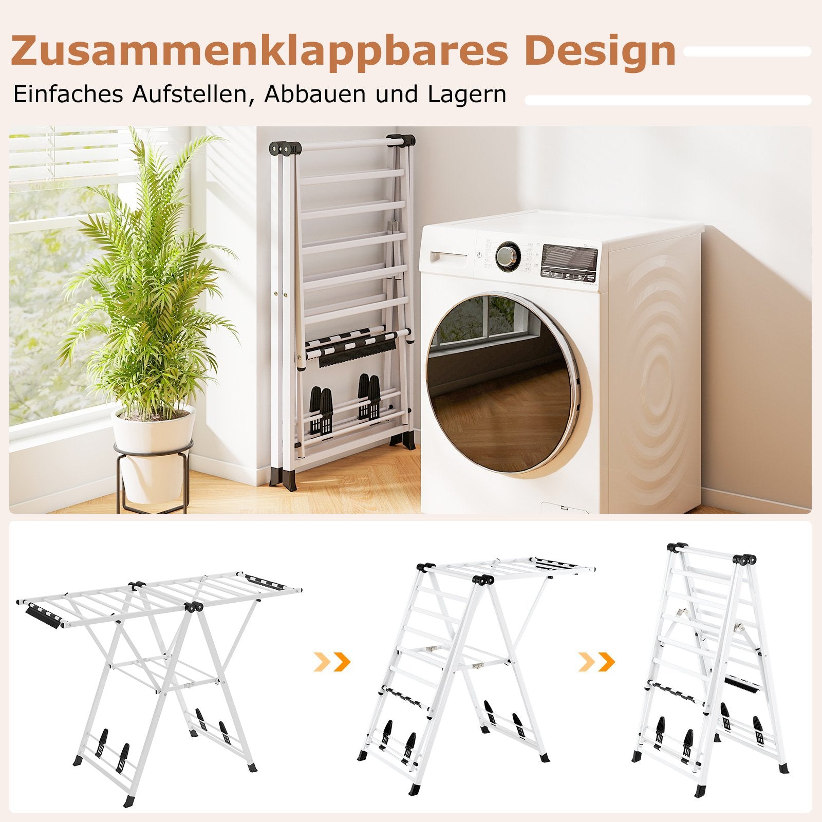 Tendedero Plegable, con Alas Ajustables, Tendedero de Ropa, Tendedero Exterior, para Balcon, Blanco, Costway, 3